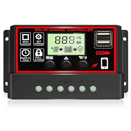 ELEPHANTBOAT 20A Solar Charge Controller Energy Controllers Intelligent Battery Regulator for Solar Panel Automatic Paremeter Adjustable LCD Display with USB Port 12V/24V