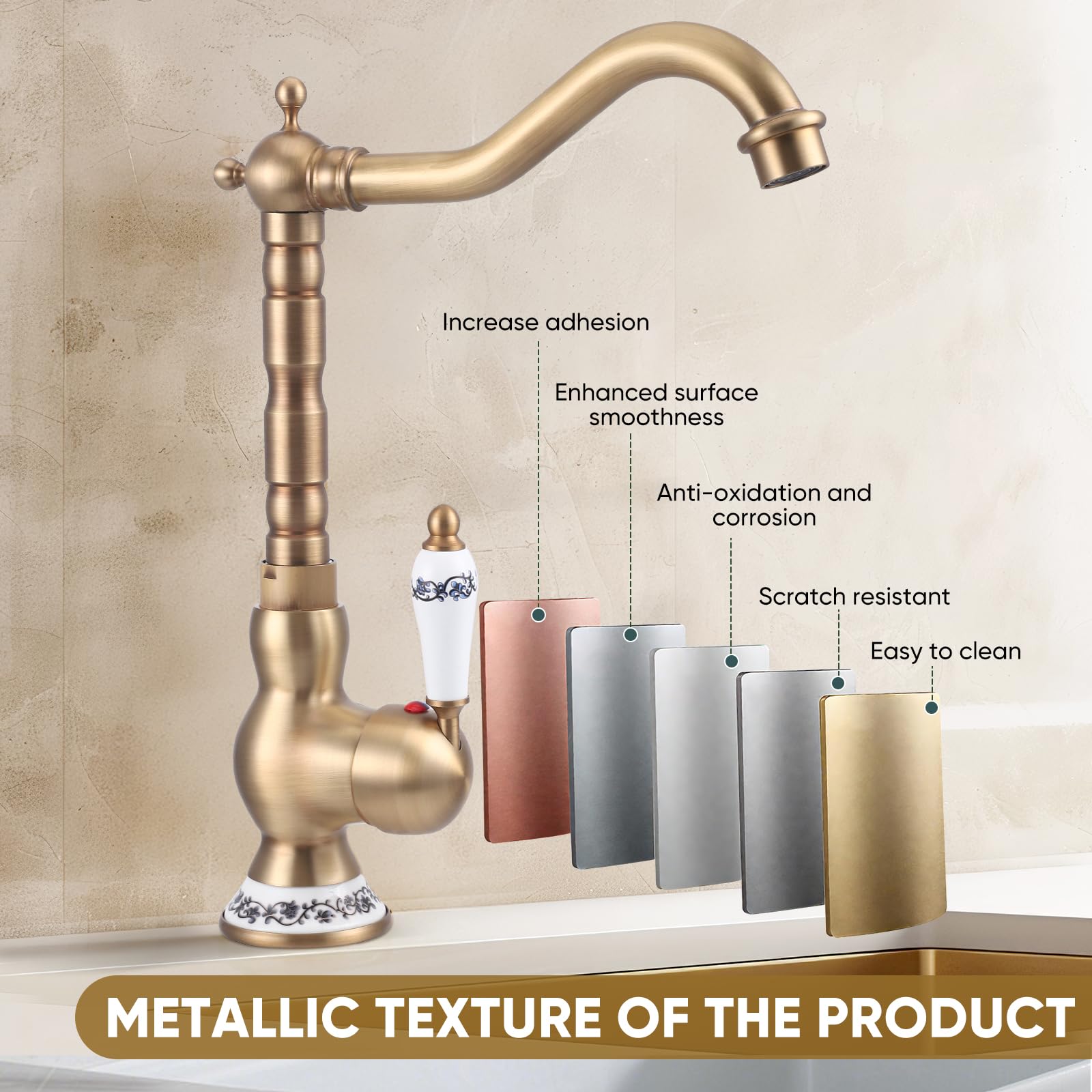 Rubinetto Cucina Ottone Antico Monocomando,Rubinetto Bagno Lavabo Vintage Monocomando in Ceramica,rubinetti stile antico,Calda e Fredda del Rubinettoda Cucina O In Bagno,Girevole a 360°,Bronzo