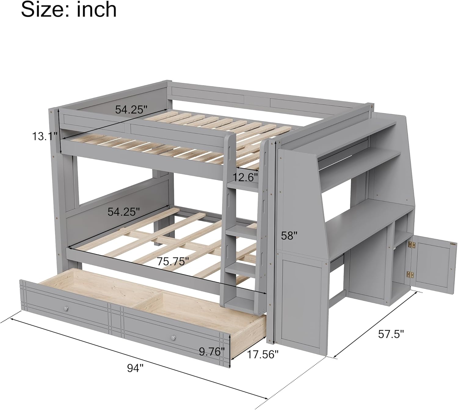 LUMISOL Full Over Full Bunk Bed with Desk and Bookshelves, Solid Wood Bunk Bed with Drawers, Space-Saving Wooden Bunk Beds with Storage, Gray