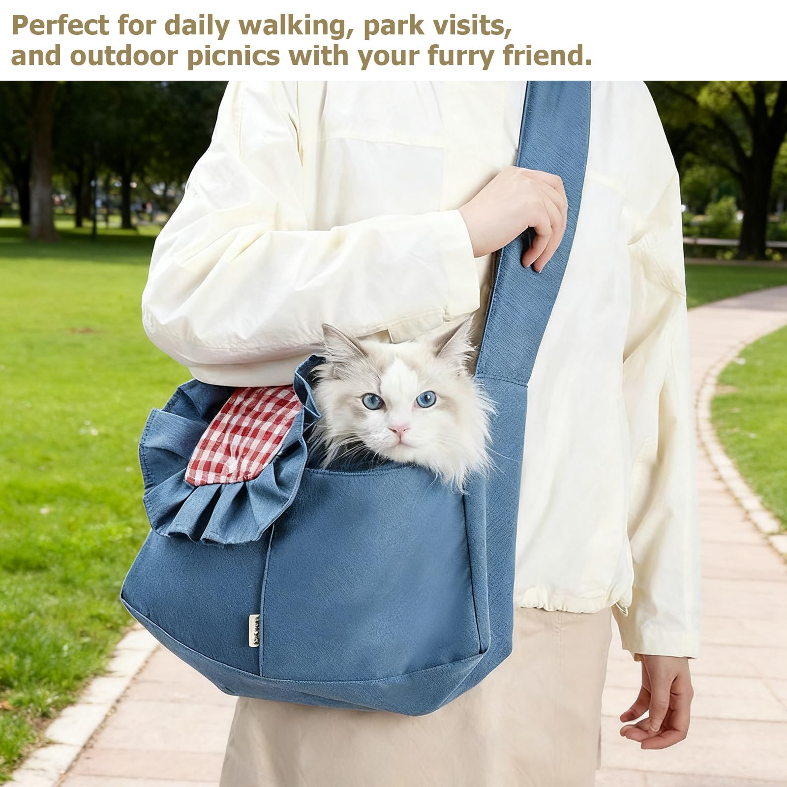 Bolsa transportadora para mascotas estilo picnic, plegable, para perros y gatos, mochila de hombro acolchada ancha con clip de correa a prueba de fugas para viajes al aire libre (azul)