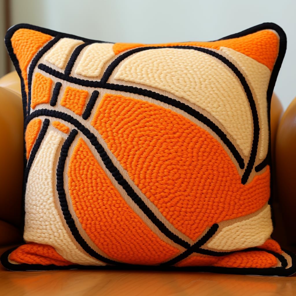 Abstract Basketball Latch Hook Pillow Kit for Adults Throw Pillow Cover with Printed Canvas Crochet Yarn Needle Craft Easy Handmade DIY Cushion for Home Sofa Decoration 43x43cm(1)