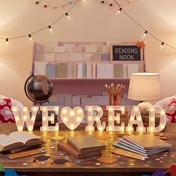 7 Pcs Reading Corner Decor We Love Read LED Marquee Letter Lights 6.3 Inch LED Letter Plastic Light Sign with Hanging Hole, Battery Powered Decor for Back to School, Classroom, Library Study Corner