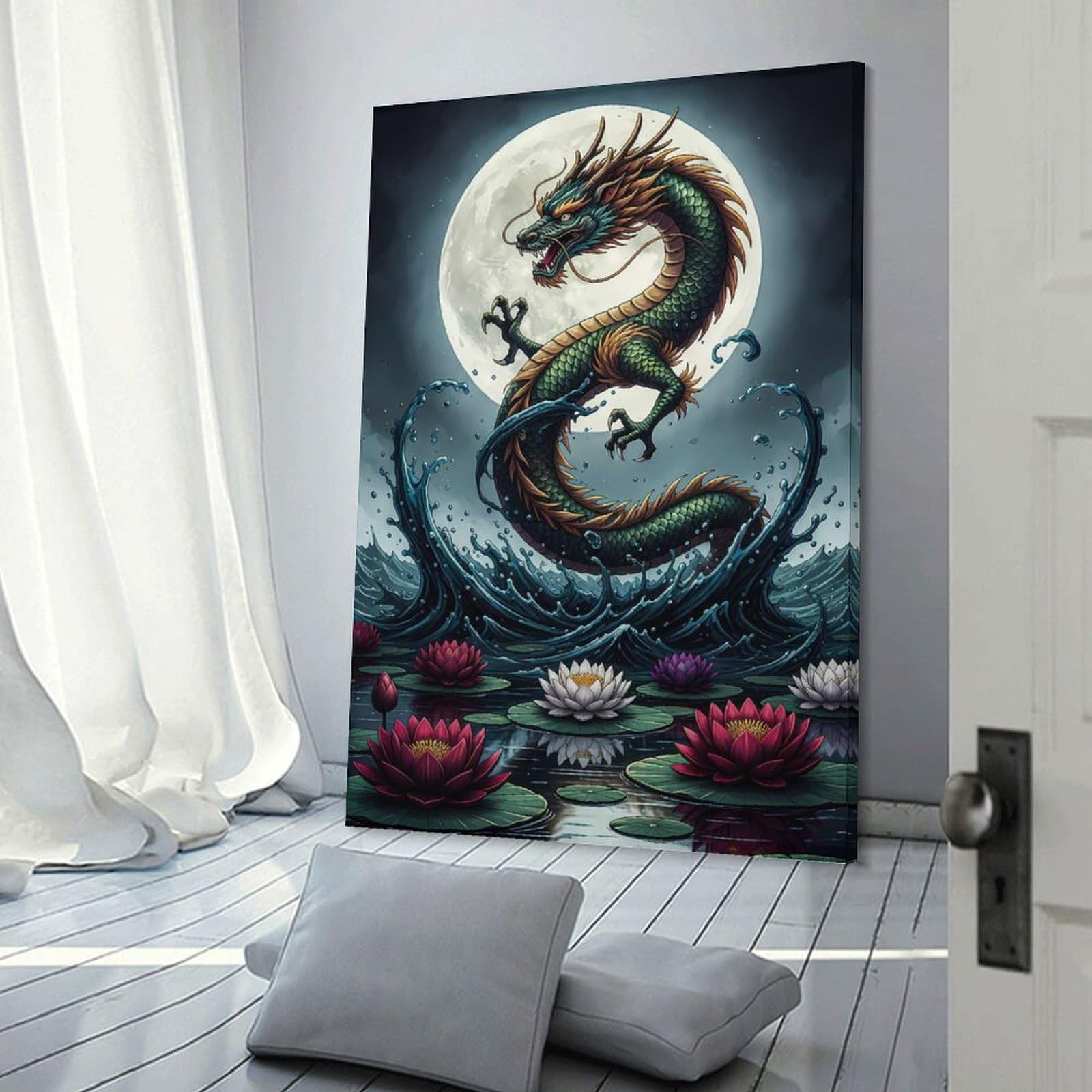 Junmoney Dragon And Lotus Flowers Wall Art Print, 24x36inch(60x90cm), for Workspace Walls, Study Corners Or Bedrooms, A Smart Decor Choice for Study Walls