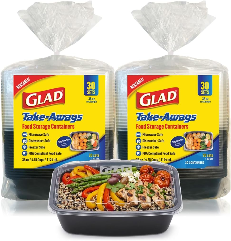 Glad Take-Aways 30-Pack Snap-Seal, Dishwasher and Freezer Safe, Reusable Food Storage Bento Box, Meal Prep Containers, Made in North America (38 oz, BPA Free)