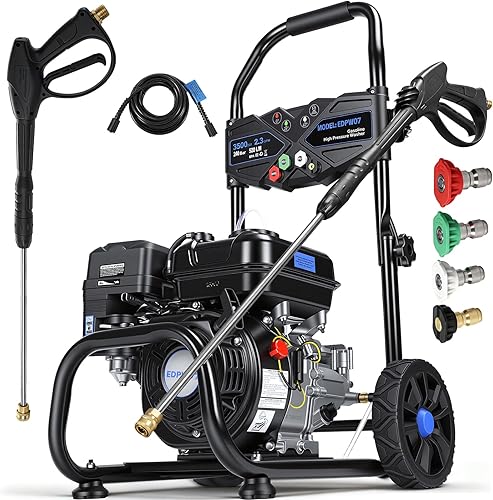 Gas Pressure Washer 3500PSI, 2.3 GPM 209CC High Pressure Washers, 25FT Hose with Reel, Built-in Soap Tank, 4 Quick-Connect Nozzles, Axial Pump,