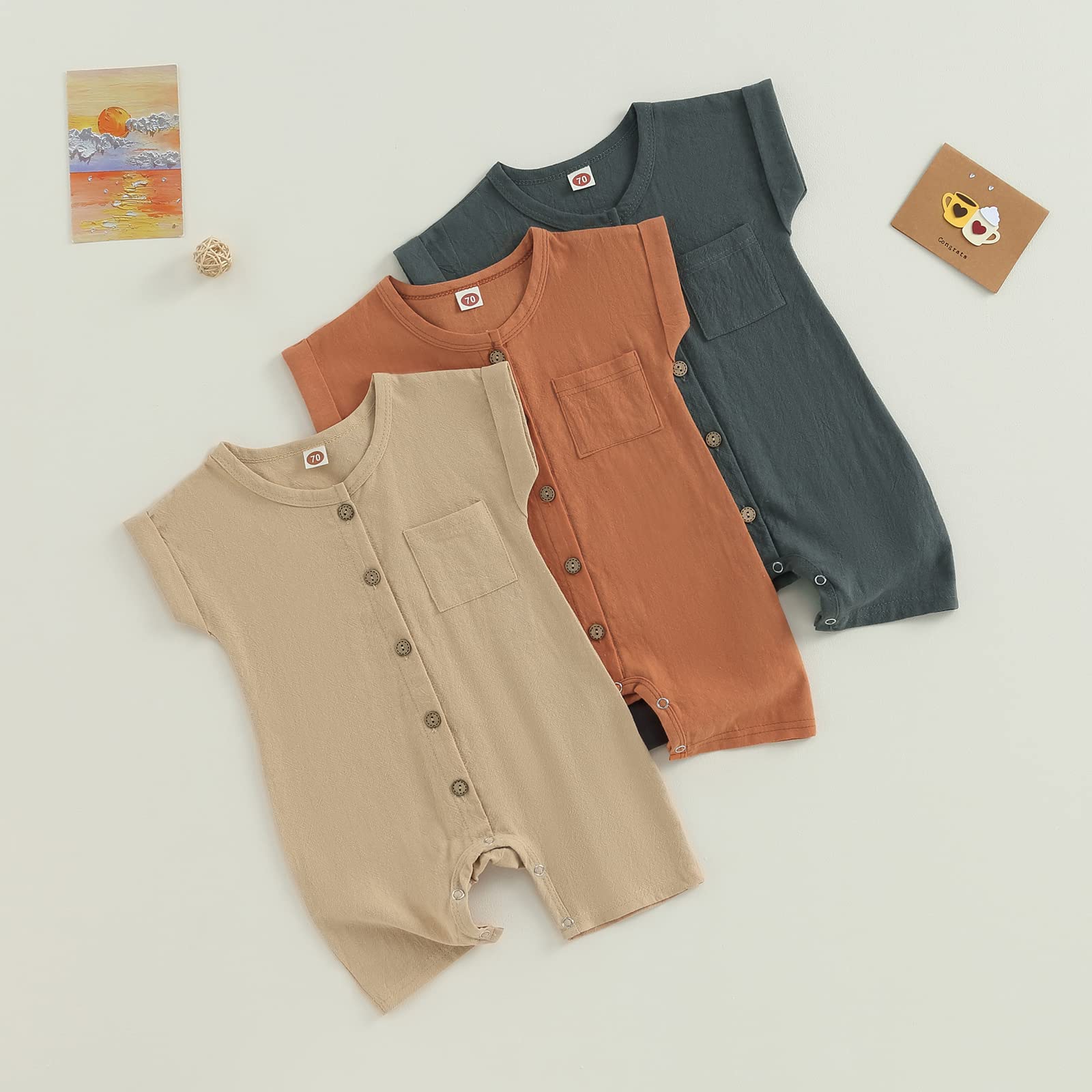 Baby Boys' Girls Short Sleeve Rompers Jumpsuit,Organic Cotton and Linen Sleeveless One-Piece Coverall (II-Beige, 0-3M)