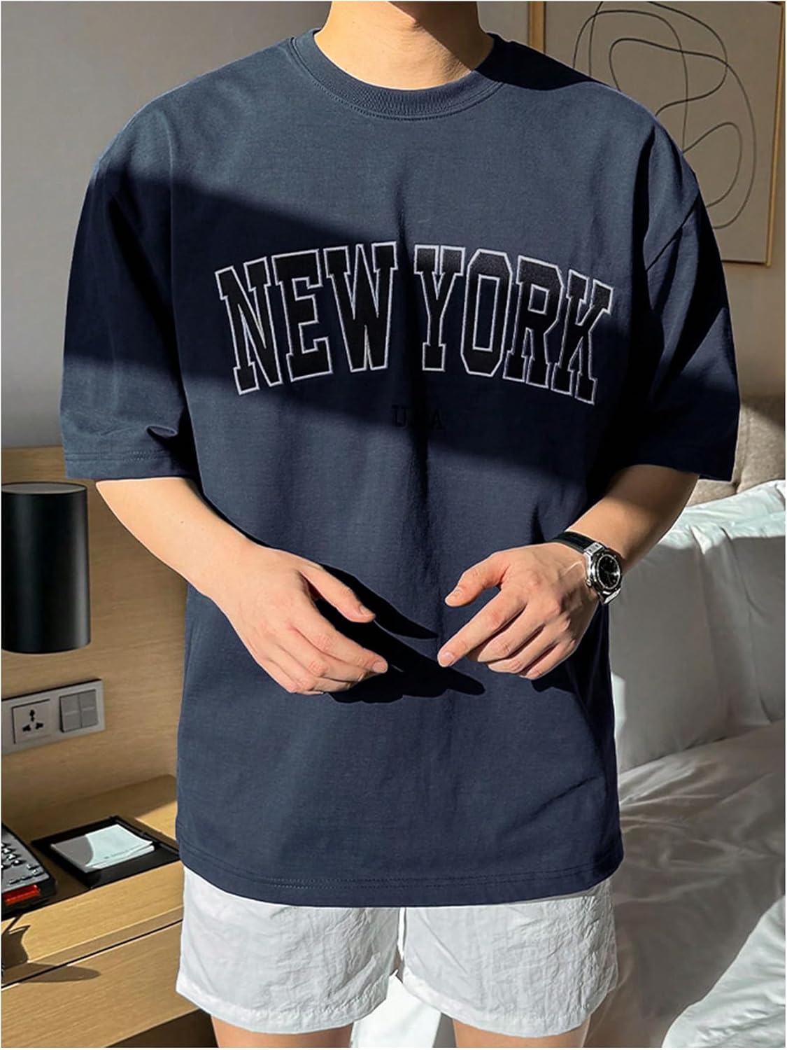 Men's Letter Graphic Tee Shirt Short Sleeve Crew Neck Cool Baggy Shirts - Image 3