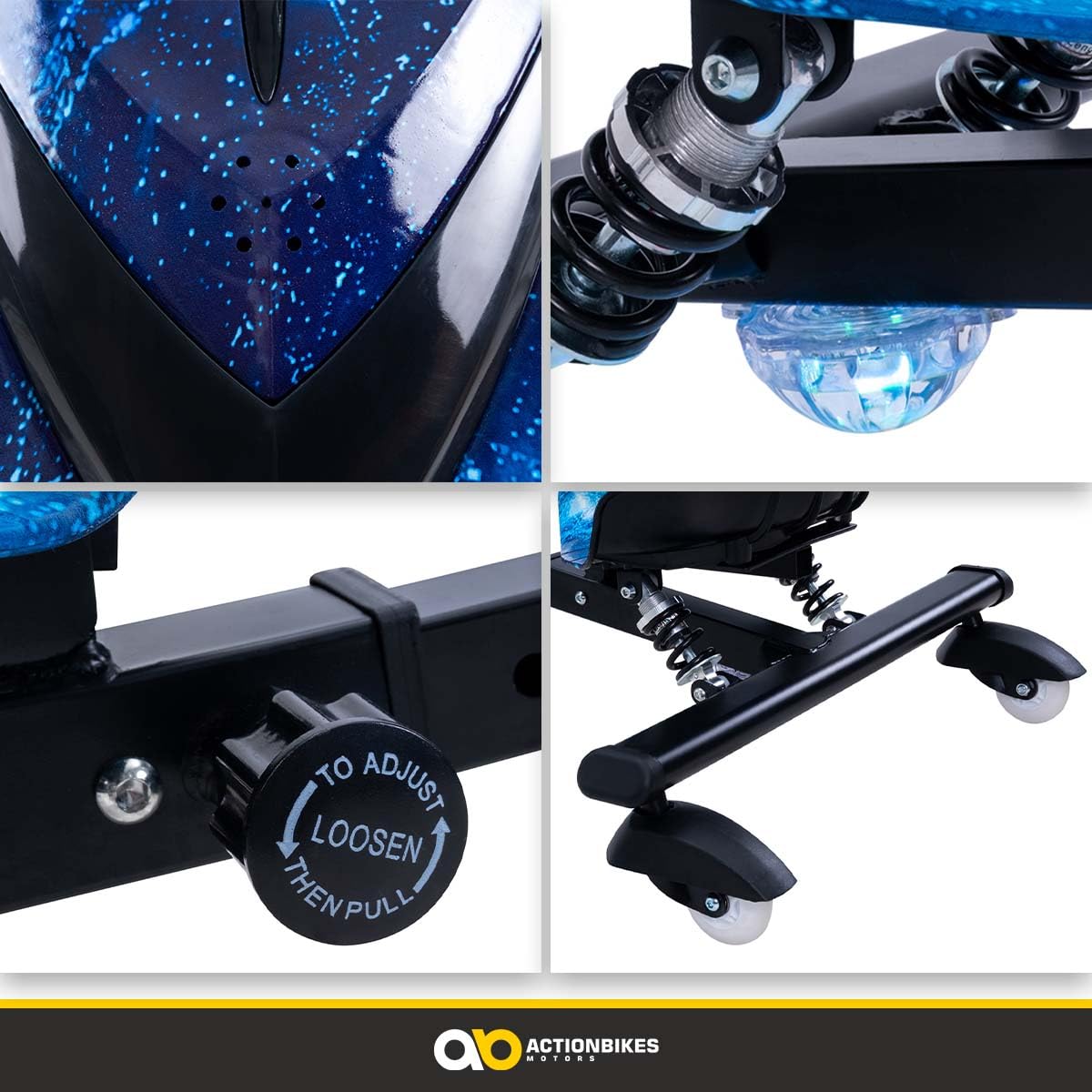 Actionbikes Motors Drift Scooter per Bambini 360 Gradi - Motore Elettrico da 250 Watt - 3 Livelli di Velocità - Illuminazione LED - Sedile Regolabile (Space Blue)