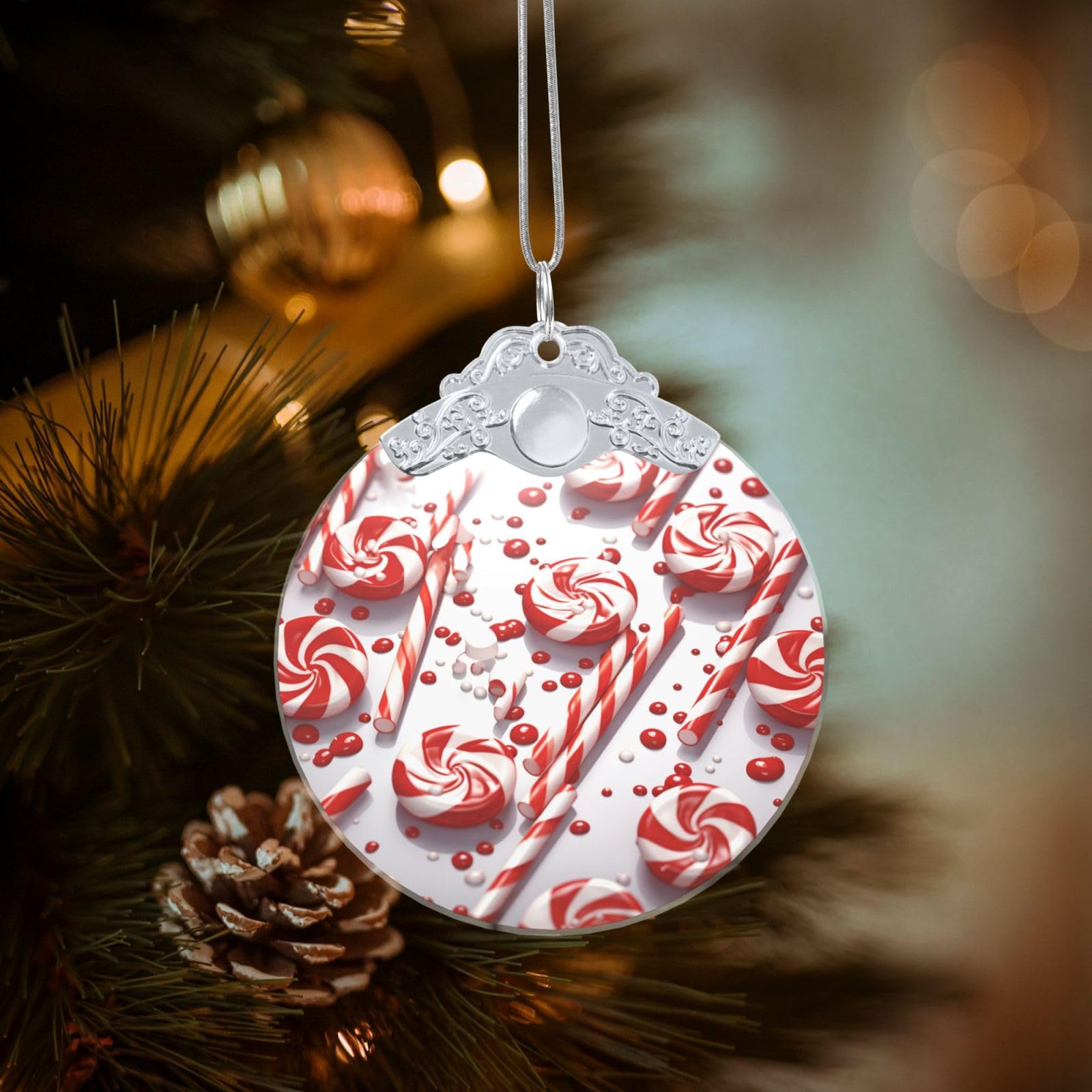 Crystal Christmas Ornaments for Christmas Tree Decoration Hanging Candy Cane Ornament with Gold Ribbon Crafts Round Pendant for Keepsake Gifts Glass Xmas Decor Party Supplies