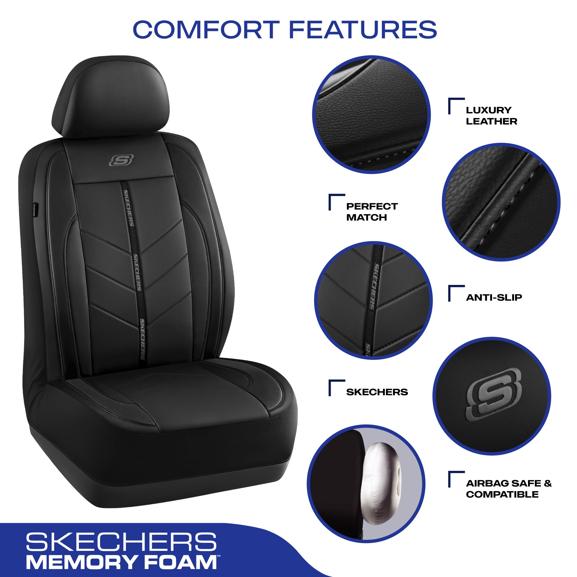 Skechers Fundas de asiento de coche, fundas de asiento de piel sintética de lujo, impermeables, antideslizantes, protector de asiento de coche para asientos delanteros, accesorios de coche, ajuste
