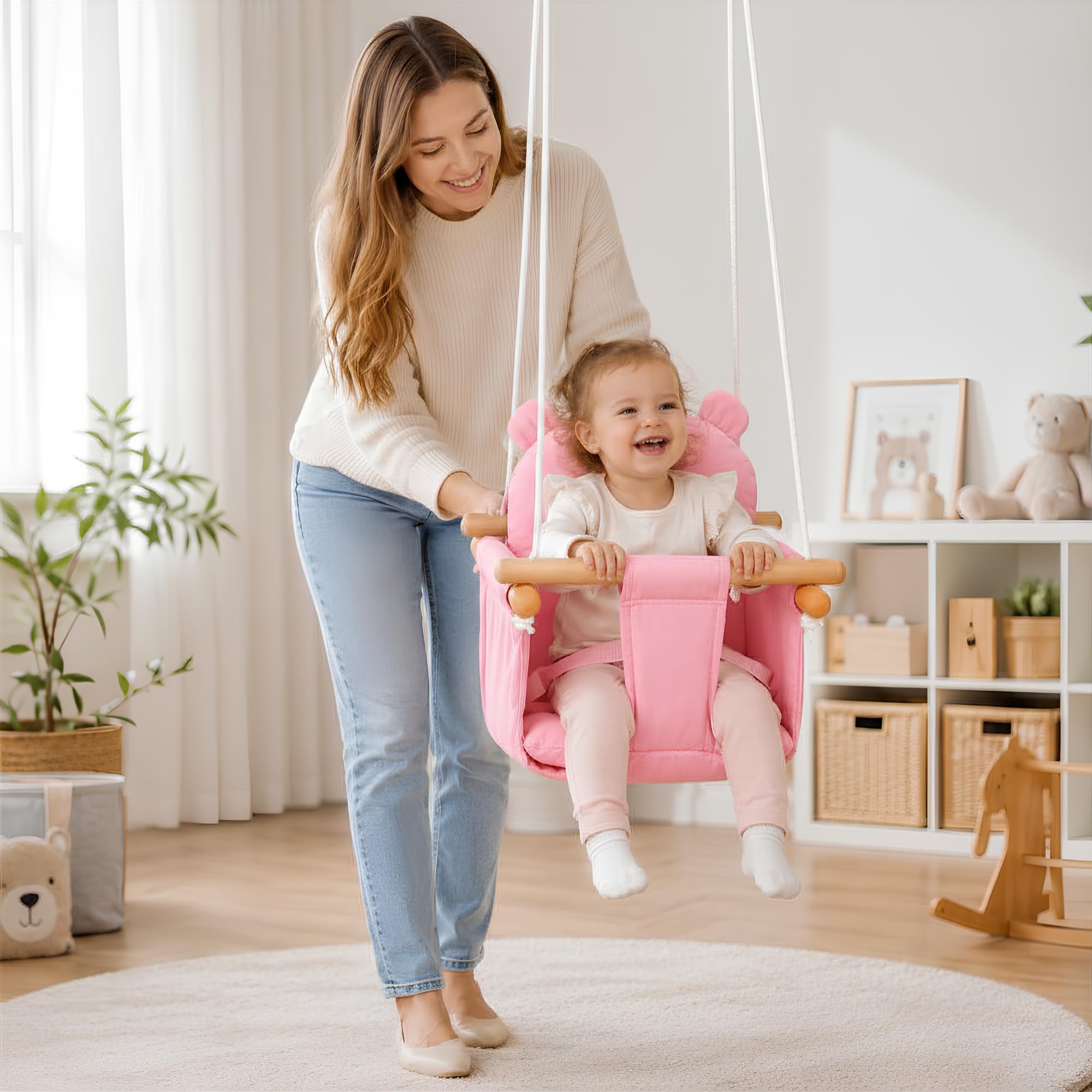 Huśtawka dla Niemowląt i Dzieci - Huśtawka Dziecięca 100% Bawełny Drewna Bukowego - Pas Bezpieczeństwa - Regulowana Wysokość - do 30 kg - Mocowanie Sufitowe - Motyw Misia - Różowy | Urocza huśtawka dla niemowląt z motywem misia, pas bezpieczeństwa i miękk