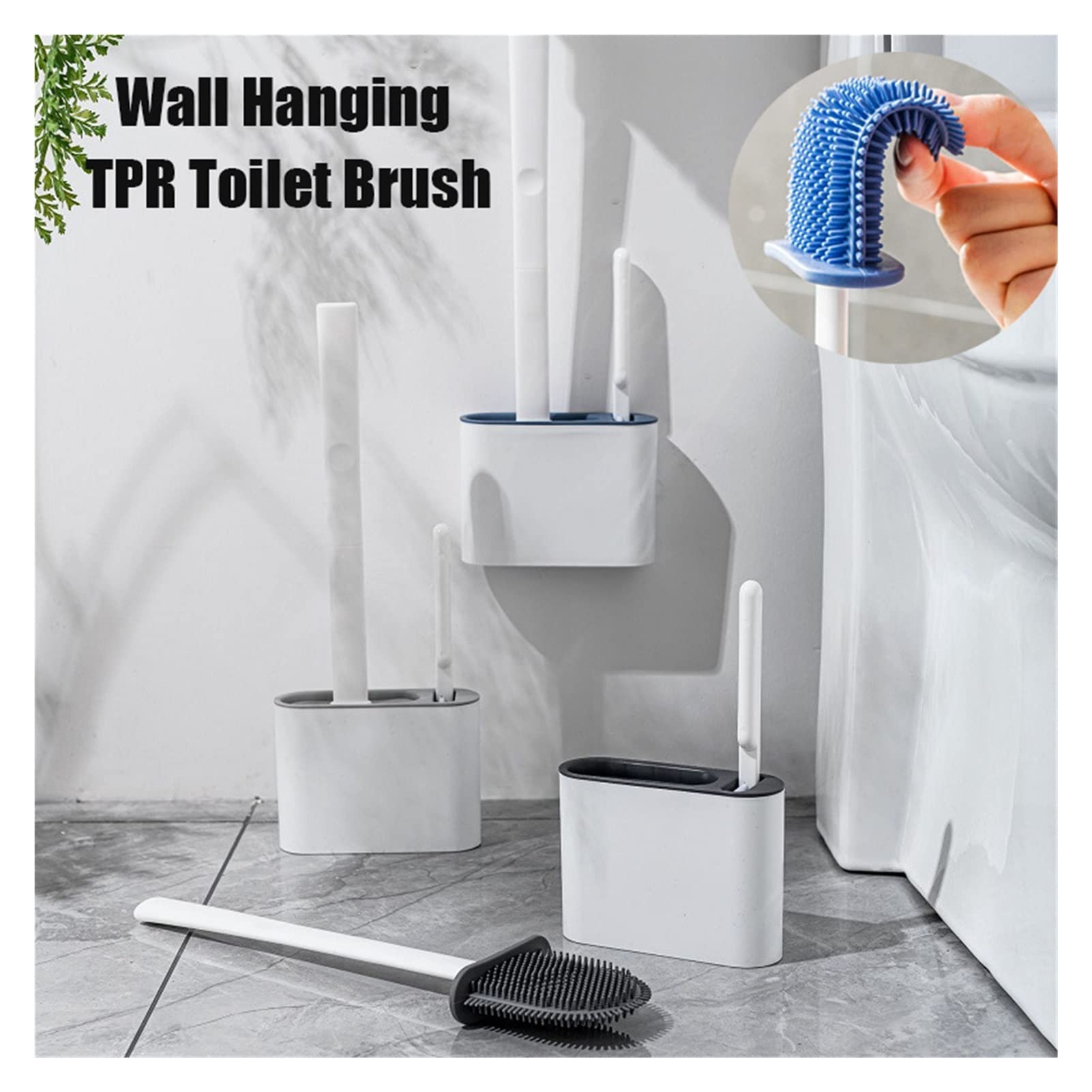 Set di spazzole da parete in silicone con setole morbide, strumento di pulizia per igiene e porta scopino (blu scuro) ideale per bagno nization