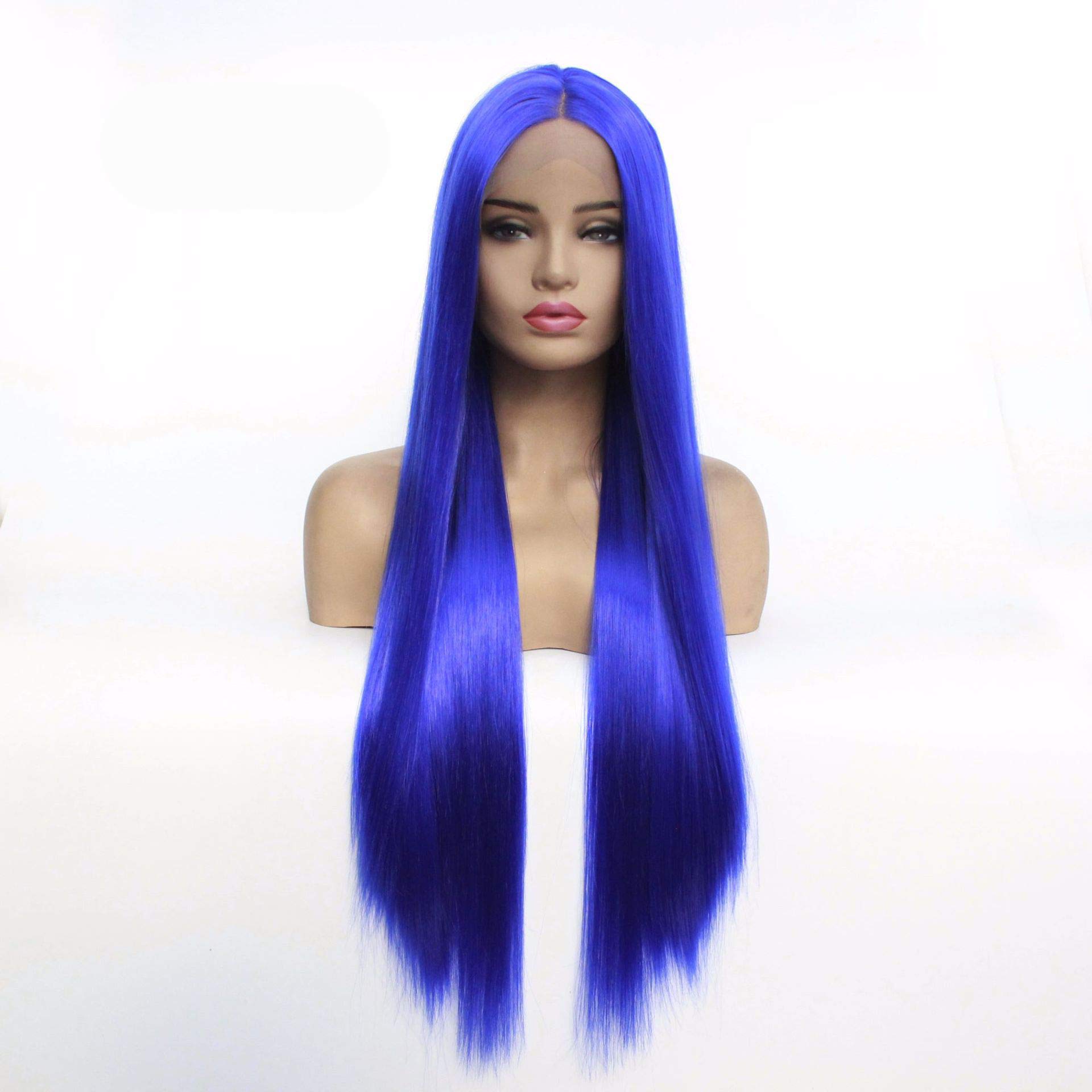 Perruque synthétique avant de lacet longue droite ombre bleu sans colle