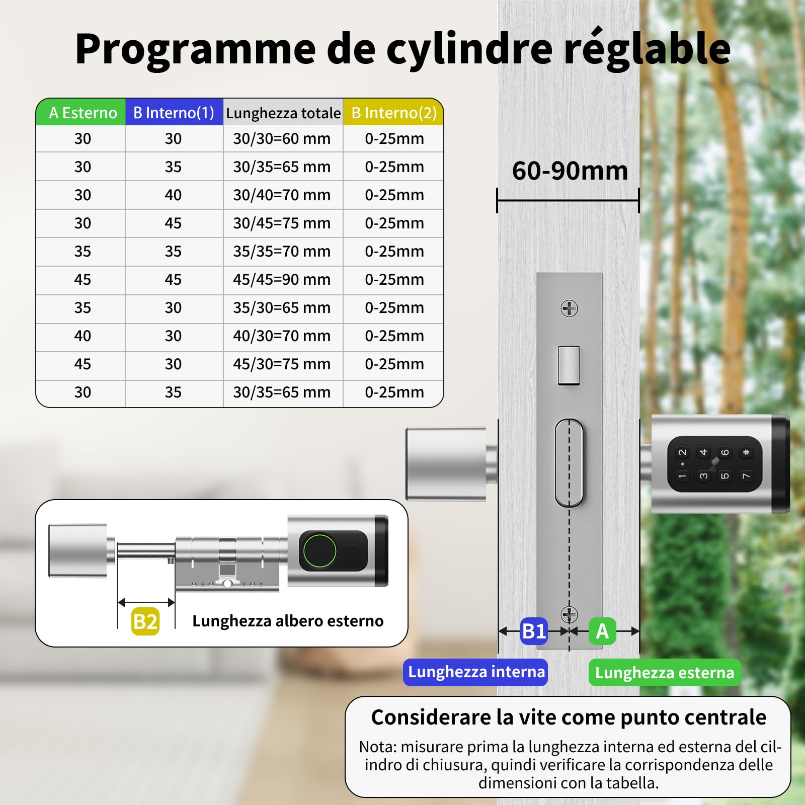 Serratura connessa, serratura biometrica con cilindro a codice, compatibile con cilindri da 60 a 90 mm(30/30,45/45), utilizzabile con Bluetooth, App, impronta digitale e chiave per aprire il blocco