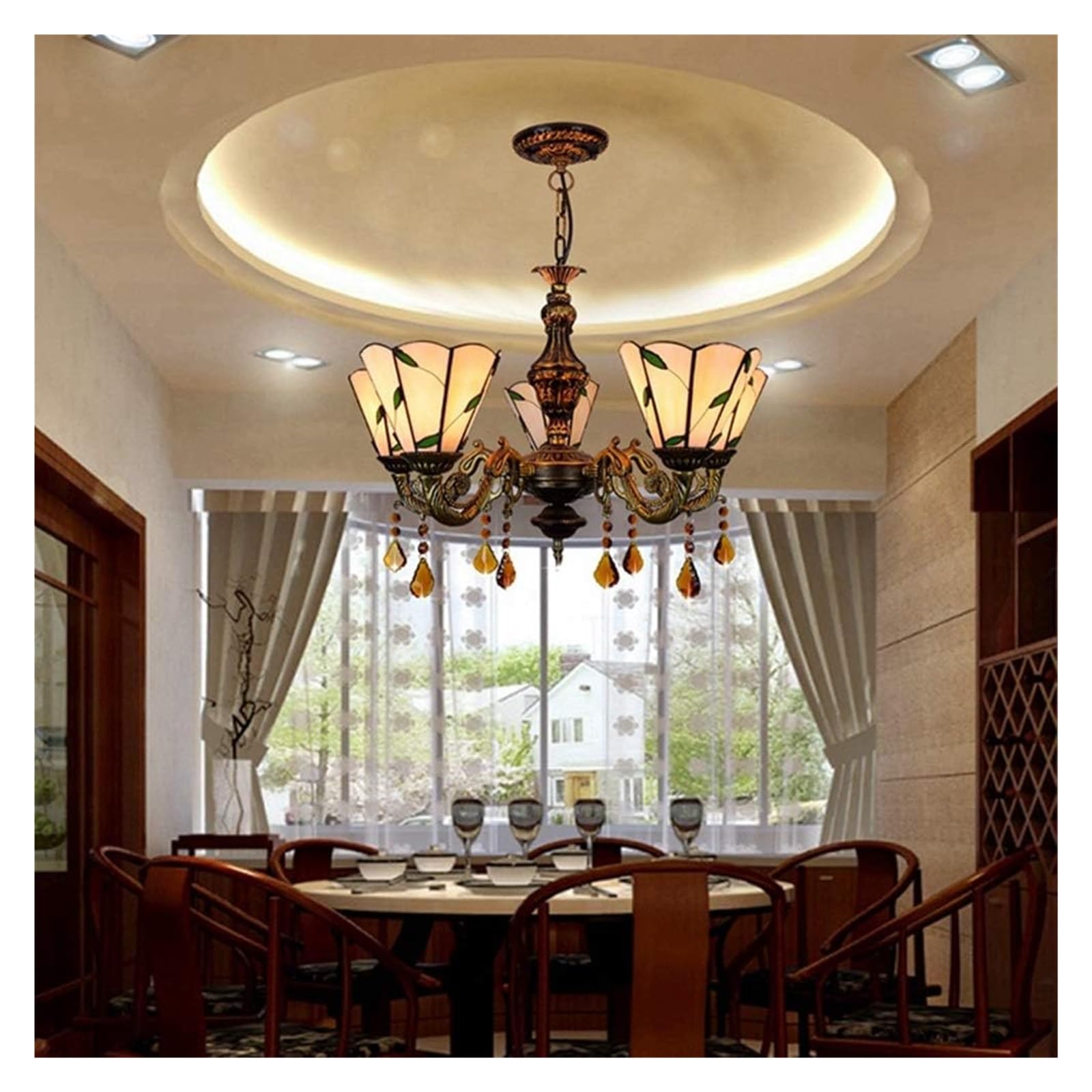 Lampa sufitowa, lampa wisząca sufitowa, 24" 5 głowic, żyrandol Tiffany, wielokolorowa, szklana lampa wisząca, restauracja, kawiarnia, bar, Li