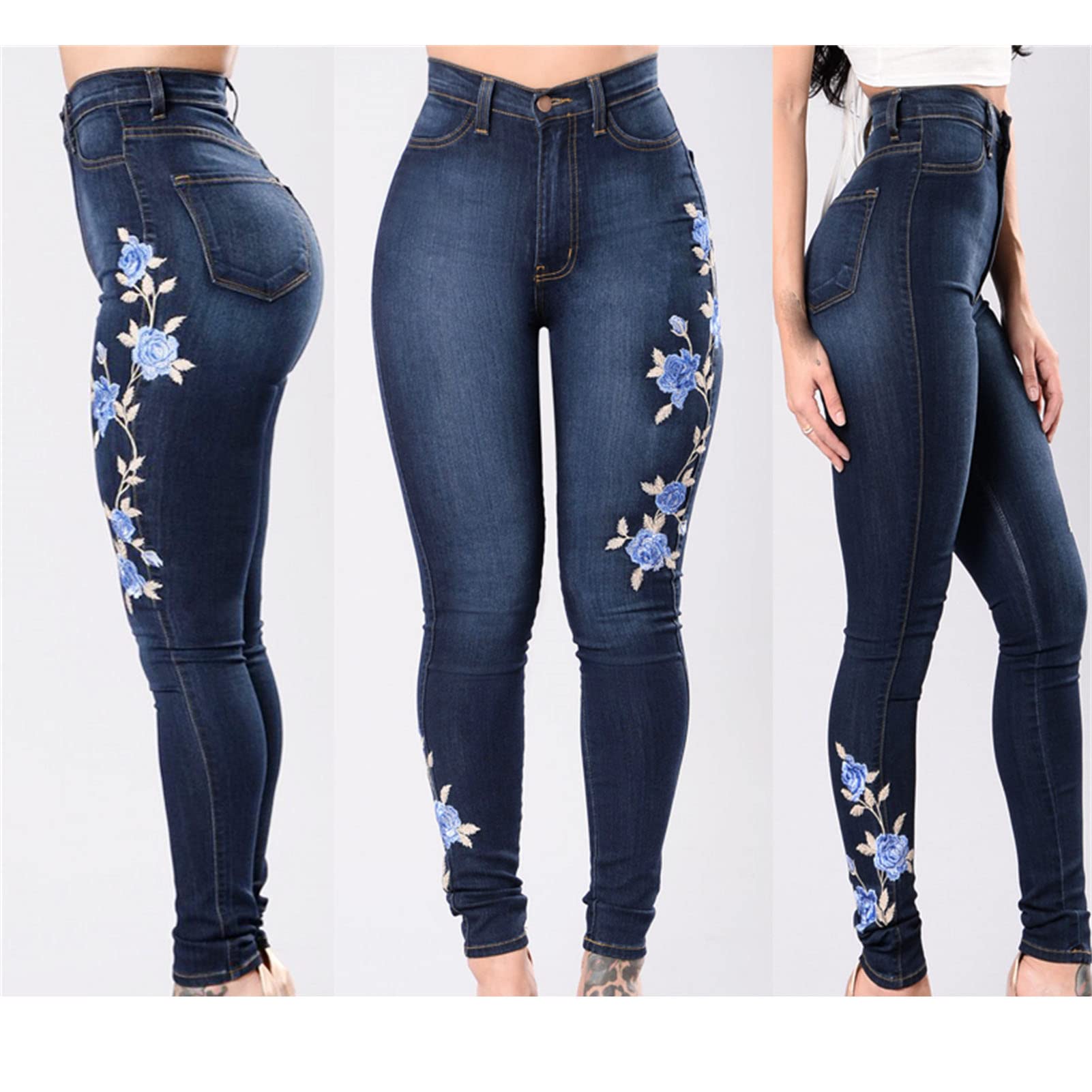 Women's Floral Embroidered Denim Pants Waisted Stretch Slim Skinny Jeans Sexy Button Fly Pencil Jean Trousers (Dark Blue,Small)