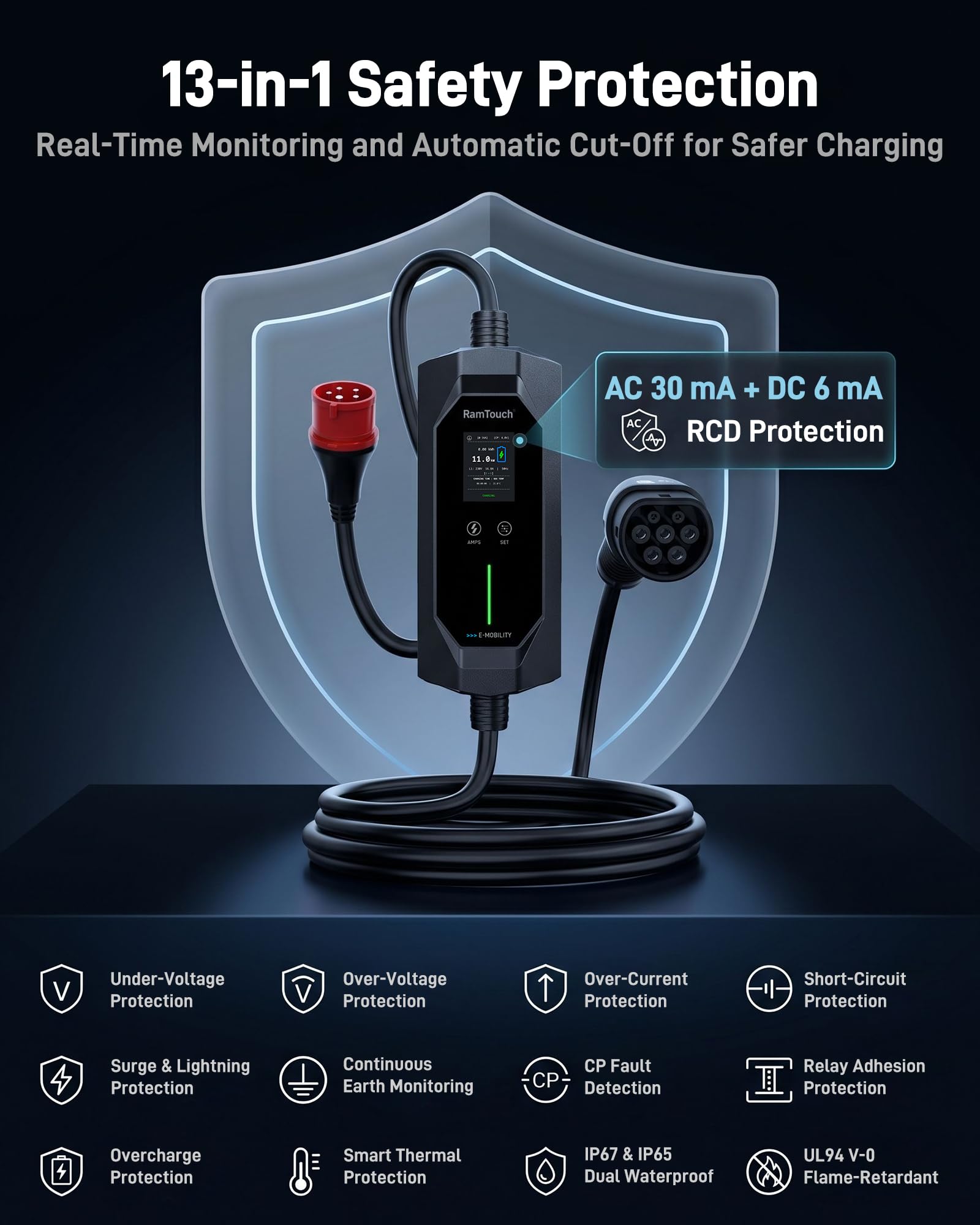 Cargador Coche Eléctrico 11 kW, 16 A, 5 m | CEE Rojo 5P a Tipo 2 | Trifásico | IP67 | 6–16 A | Timer + inicio diferido | LCD 2,4" | RCD CA/CC | Cable Modo 2 / wallbox móvil | para VE y PHEV