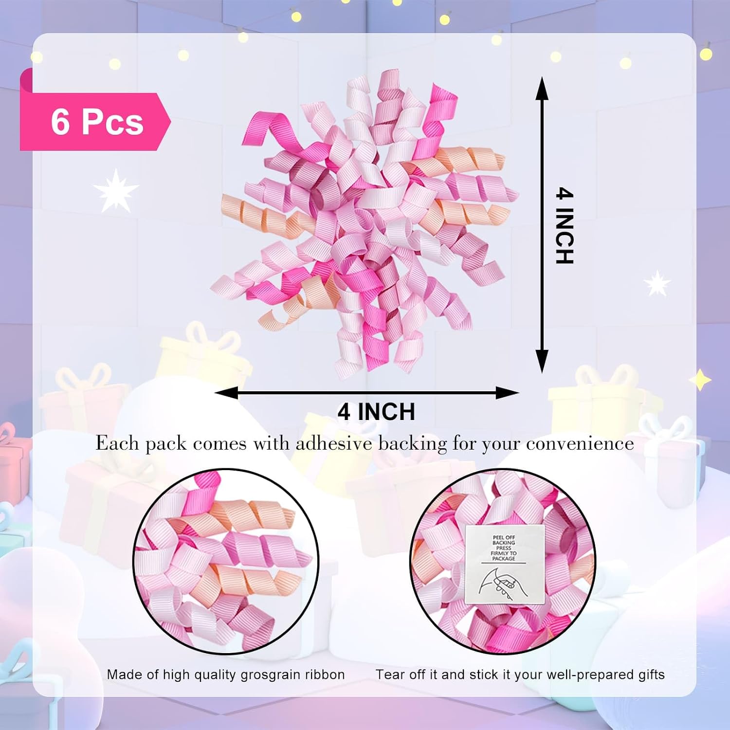YKW Pink Curly Gift Bows for Wrapping - 6 Pack Large 4" Self Adhesive Grosgrain Ribbon Bows for Girl Baby Shower, Valentine's Day, Bridal & Feminine Gift Decorations image 2