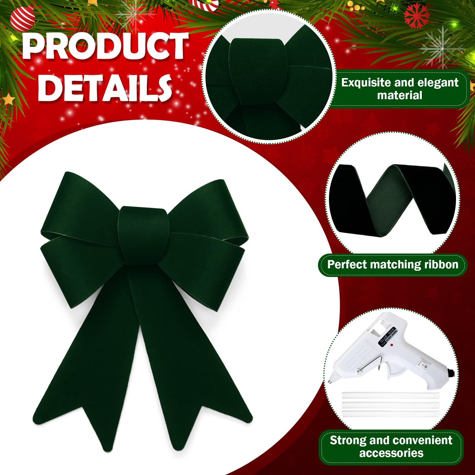 Daifunli 16 lazos de Navidad para gabinete, cintas grandes de terciopelo, lazos para puerta de armario, decoración de árbol de Navidad, suministros de cocina (verde, terciopelo)