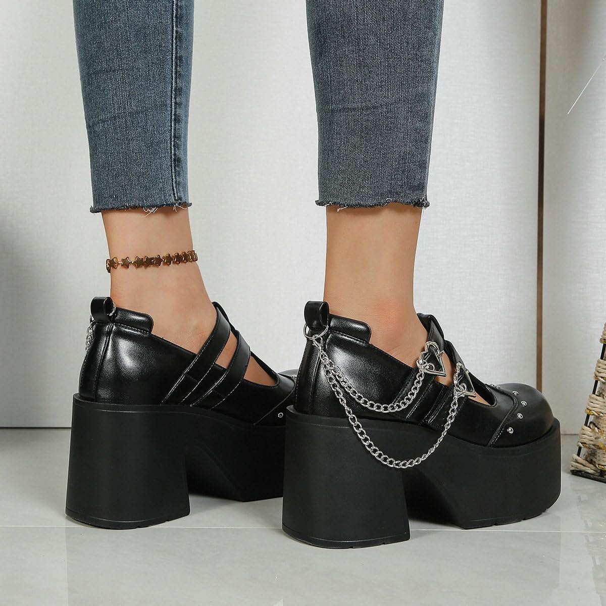 Parisuit Womens Goth Platform Lolita Shoes Mary Jane Chunky High Heels Pumps Ankle Strap Punk Studded Chain Shoes