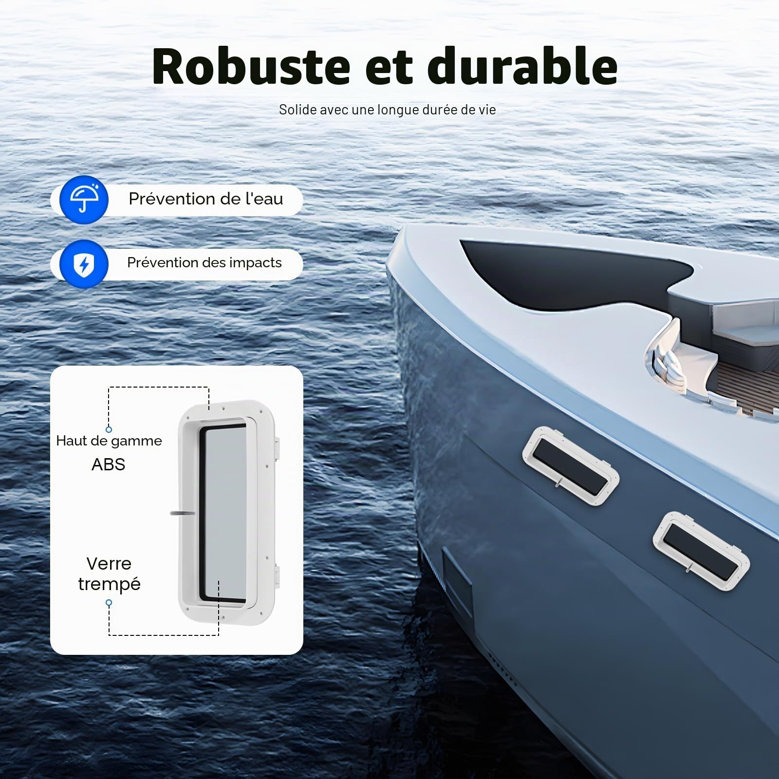Hublot rectangulaire de 400x200 mm | Fenêtre de bateau en verre trempé et ABS | Ouverture à 90°, étanche et résistant aux UV | Fenêtre pour yacht, camping-car, bateau – Blanc