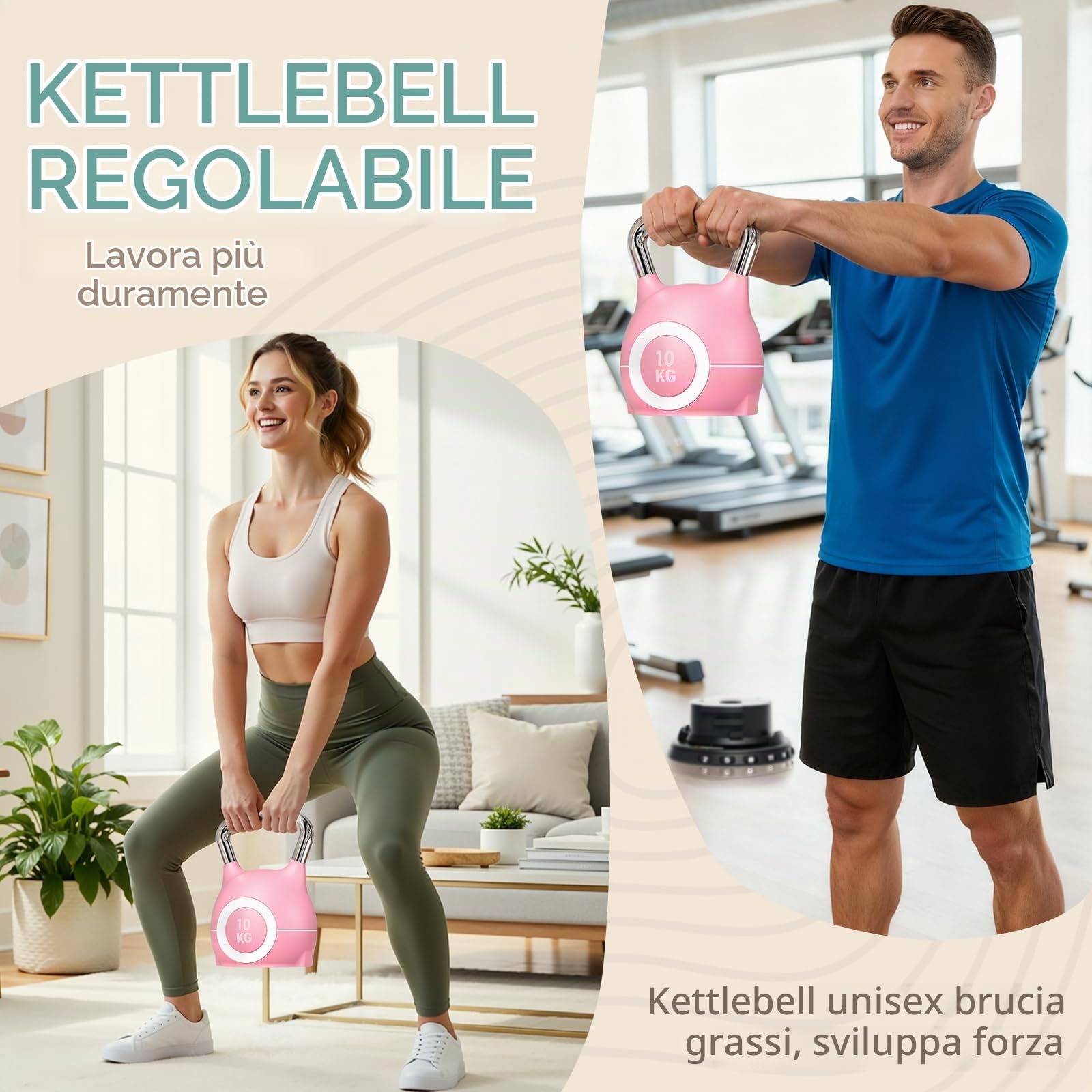 LIFERUN Kettlebell Regolabile 7 in 1, 10/20 kg Kettlebell con 7 Livelli di Peso, Manubrio per Allenamento a Casa & Fitness, Ideale per Allenamento Completo del Corpo (10 kg, Rosa)