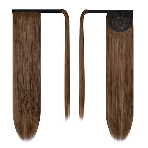 Miniatura 2 de BARSDAR Extensión de cola de caballo de 30 pulgadas, cabello largo y recto con clip de fibra sintética para mujer, mezcla de castaño oscuro y caoba