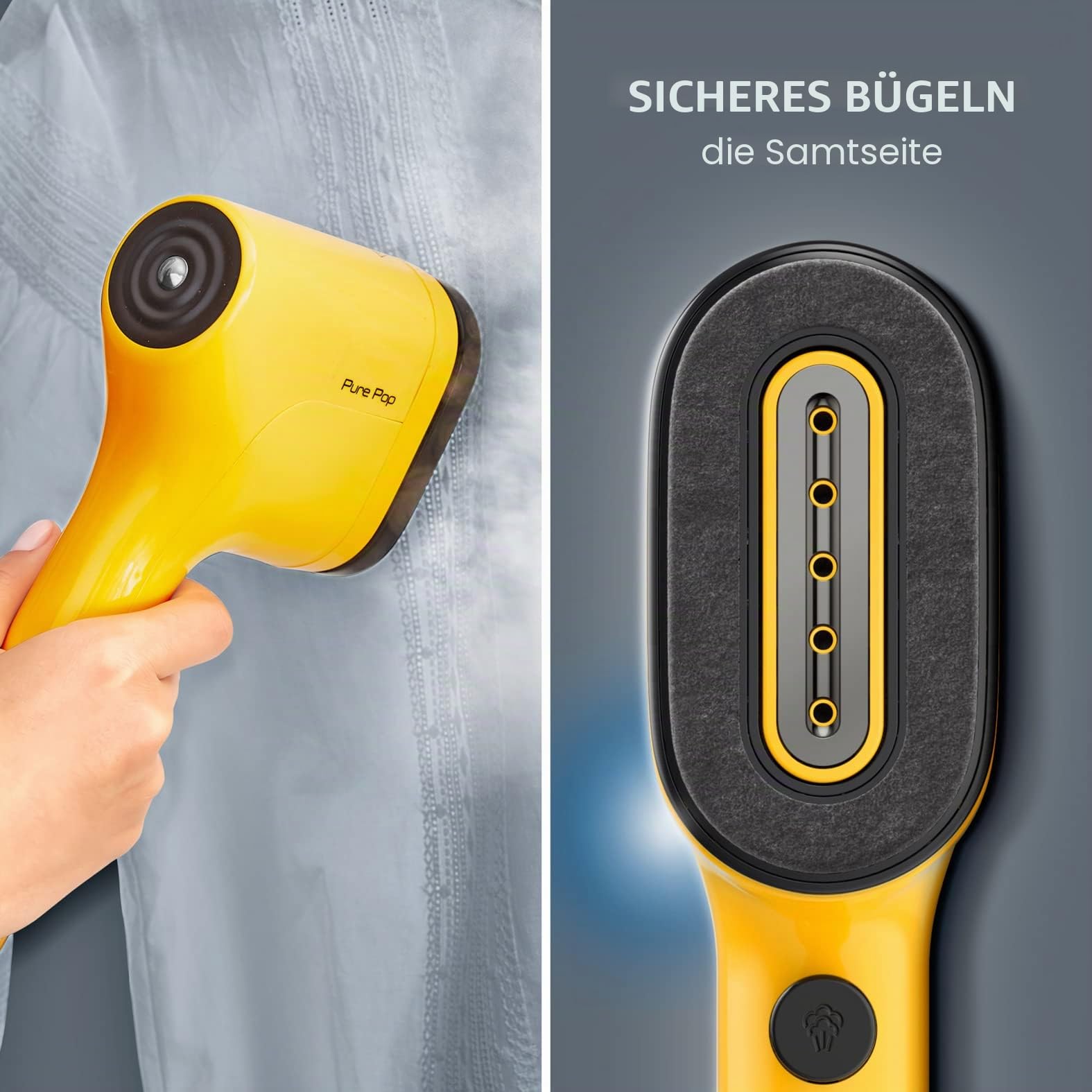 Rowenta Pure Pop DR2026 Dampfbürste, 1300 W, mit Dampfleistung bis zu 20 g/min zum Bügeln und Reinigen, entfernt Fusseln und Haare, wendbare Bürstenköpfe, Reisedesign, gelb