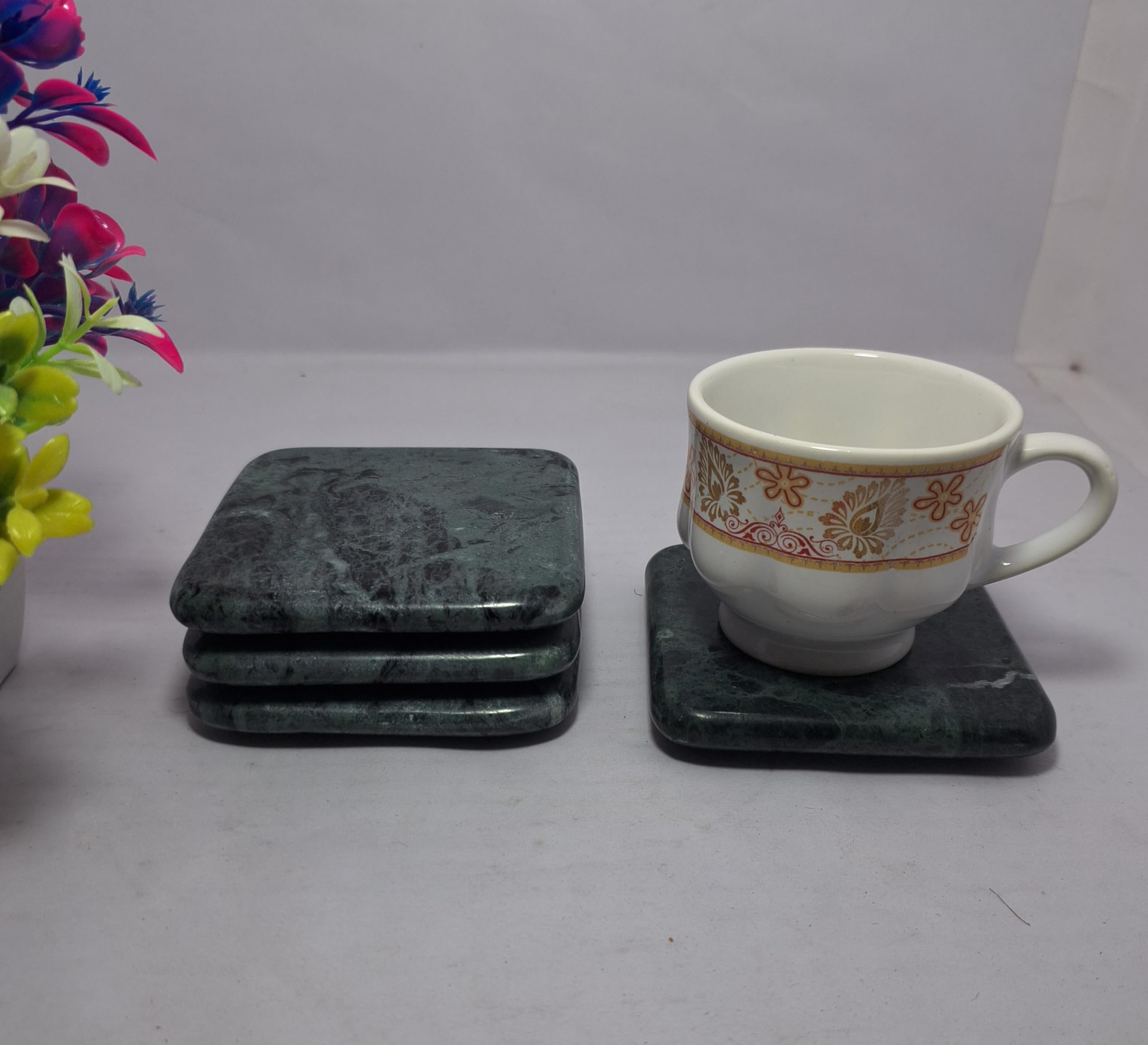 TEJASWI Craft Green Marble Coasters for Tea Cup,Water Glass(Size-3.5 x 3.5 inch) Set of 4 pcs.-image-24