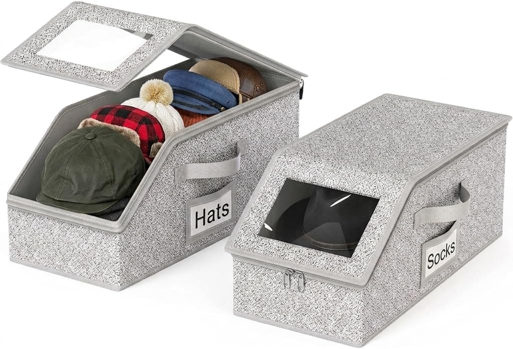 2 PCS Stackable Hat Organizer for Baseball Caps with Clear Window Lid