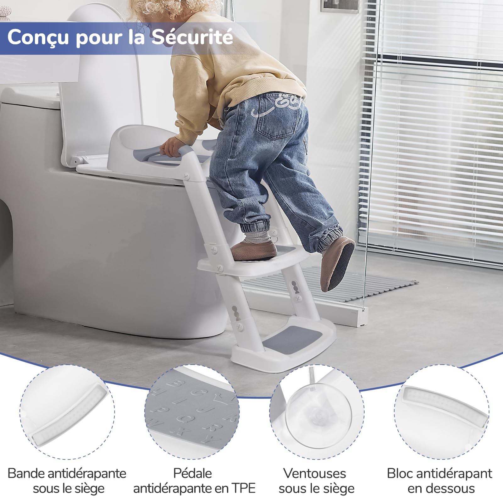 DEANIC Reducteur Toilette Enfant Rehausseur Toilette Enfant avec Marche, Réducteur Toilette Enfant avec PU Coussin Moelleux, Adaptateur Toilette Enfant, Siege Toilette Enfant de 1 à 7 ans (Gris)
