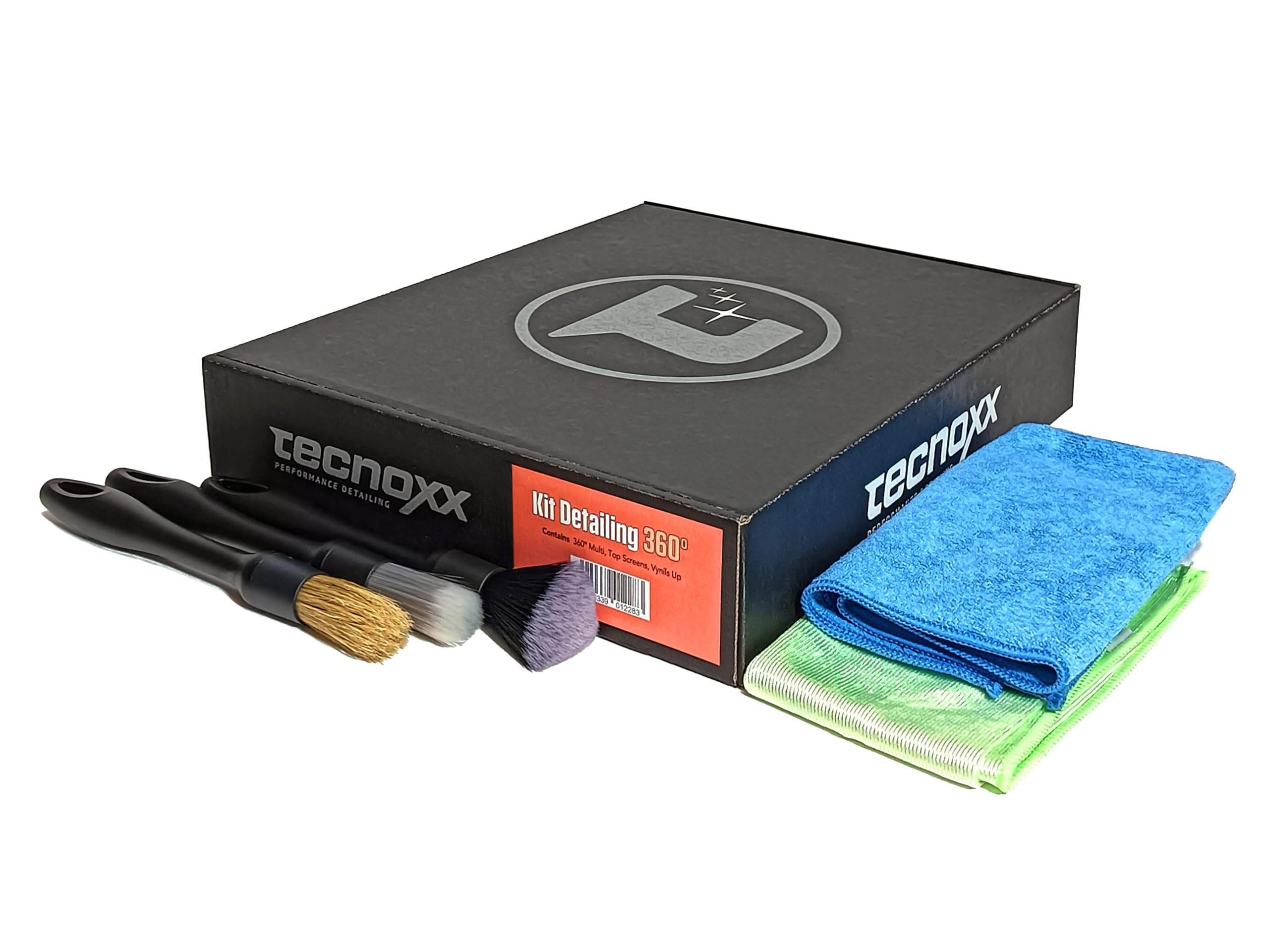 Tecnoxx - Kit Detailing 360 Set di 3 Prodotti per Pulizia Interna ed Esterna delle Auto con Idratante per Cruscotto Pulisci Schermi Touch Prodotto Multifunzione Set di Pennelli e 2 Panni in Microfibra