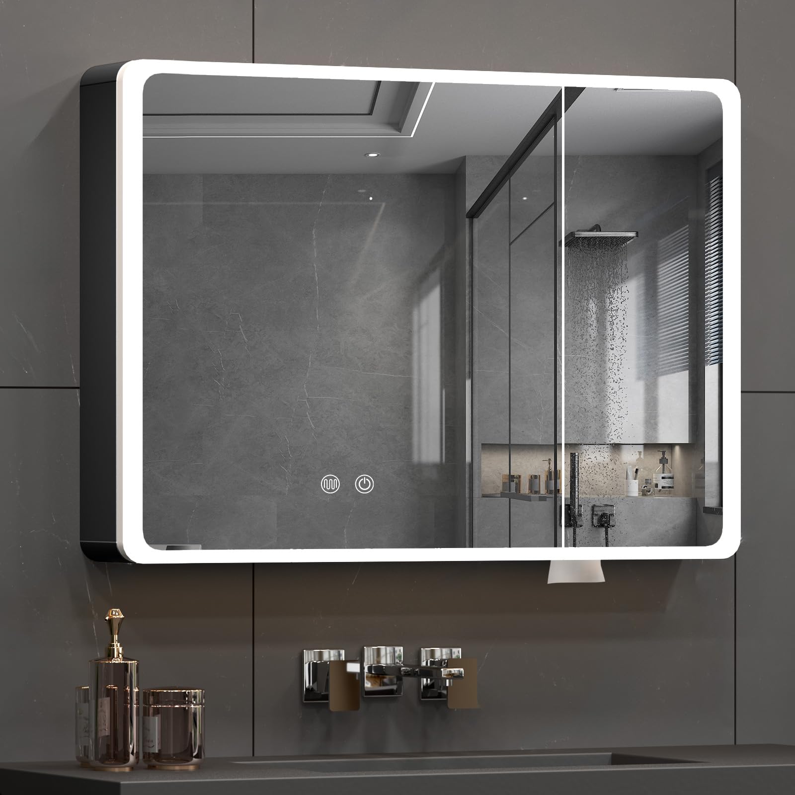 Buildonely Armario de baño con espejo con iluminación antiniebla, armario de baño 80 x 70 cm con puertas para baño, control táctil, aleación de aluminio, color negro
