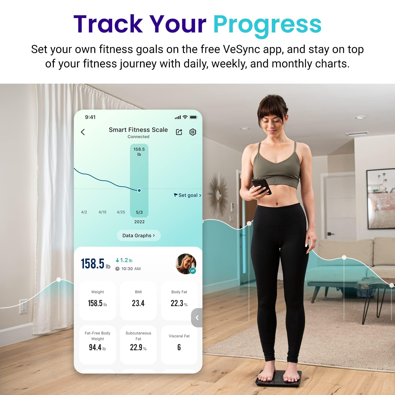 Etekcity Smart Body Scale - Bluetooth Bathroom Scale With App, 0.1lb Precision, Measures BMI, Fat%, Muscle Mass, 400lb Capacity, Ash-Black