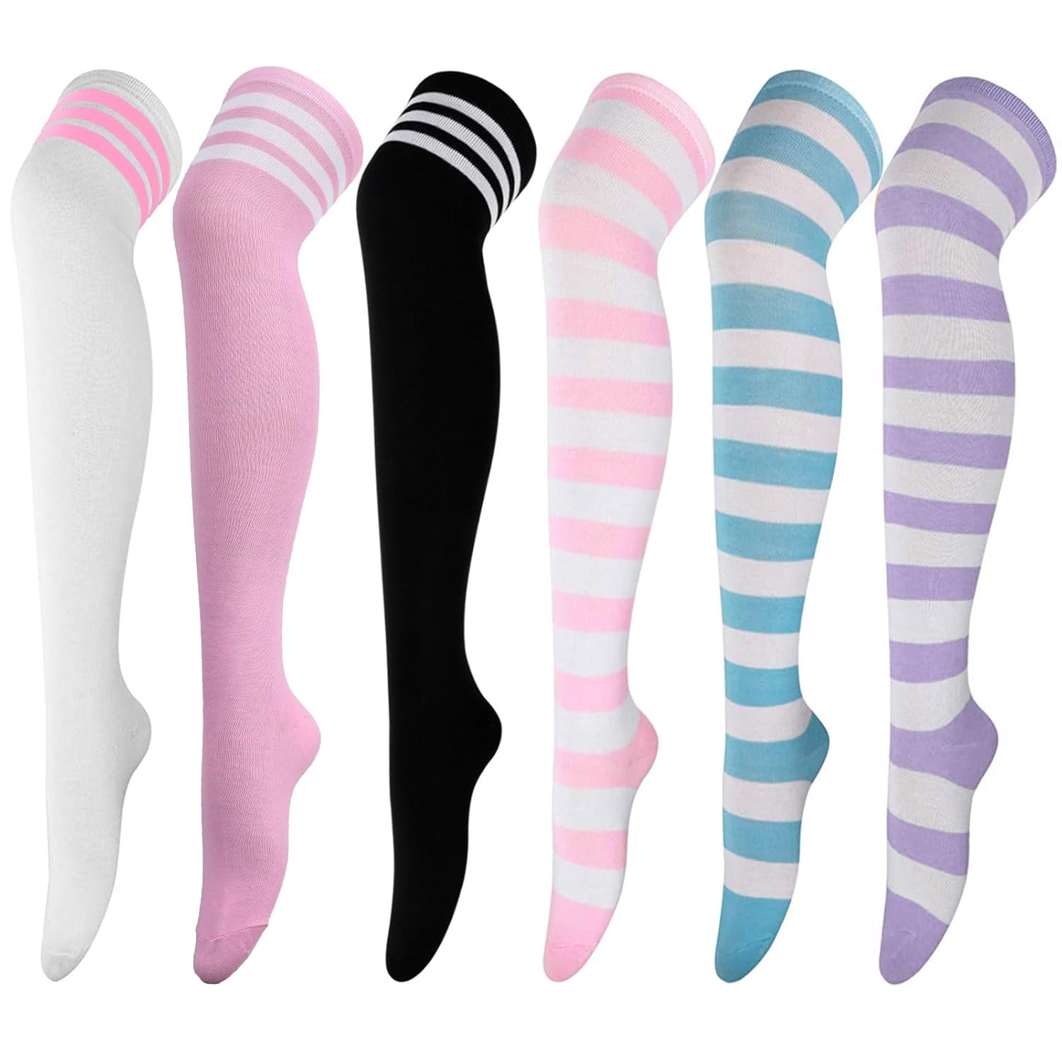 DRESHOW 6 Pairs High Thigh Socks Striped Over Knee Thin Tights Long Stocking for Women Leg Warmer