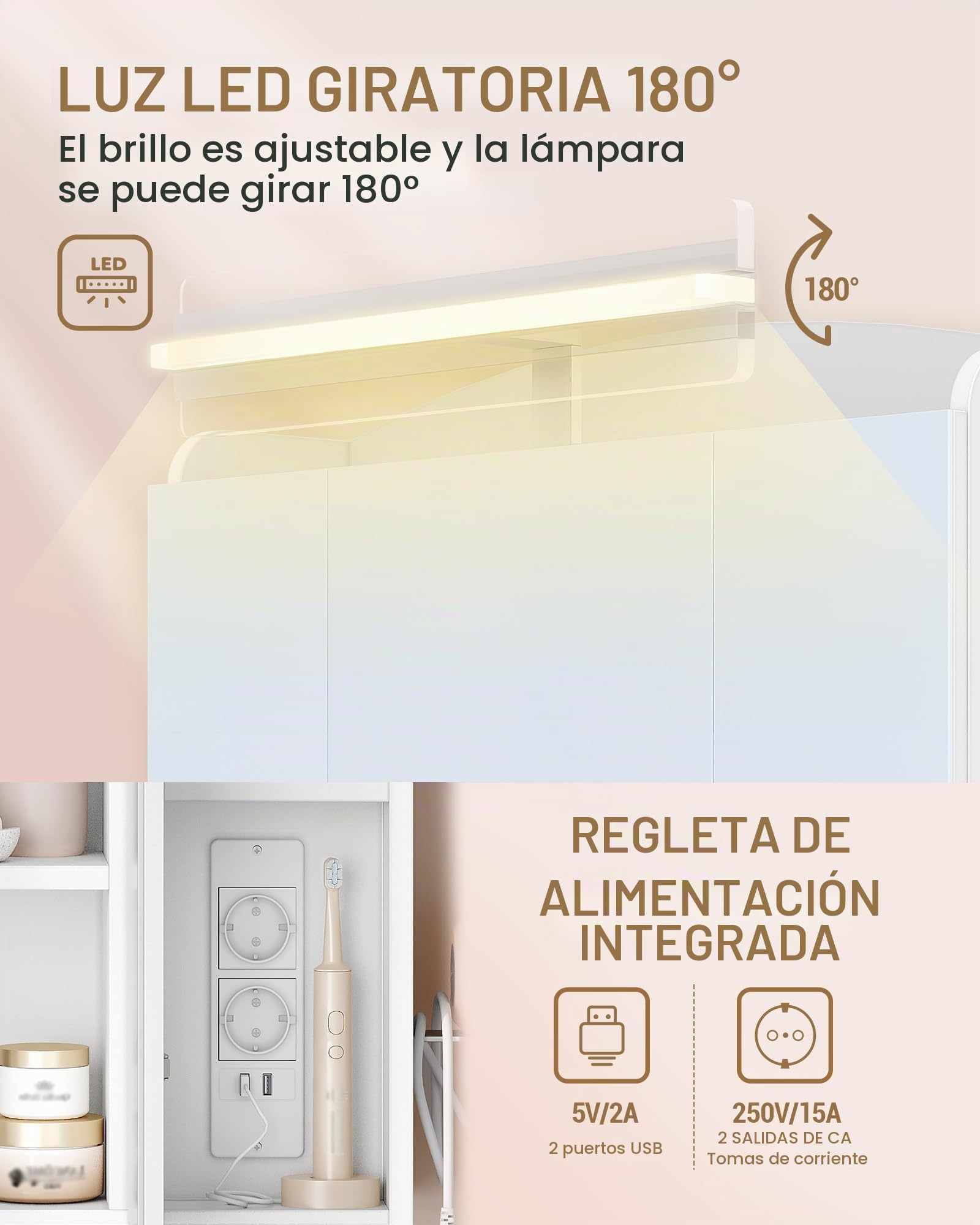 Hzuaneri Armario de Baño, con Espejo y Luz LED, 2 Enchufes CA + 2 USB, Mueble Espejo de Pared con Interruptor y Enchufe, Soporte para Secador de Pelo, Ganchos, Estantes Ajustables, Blanco MC00603XEU