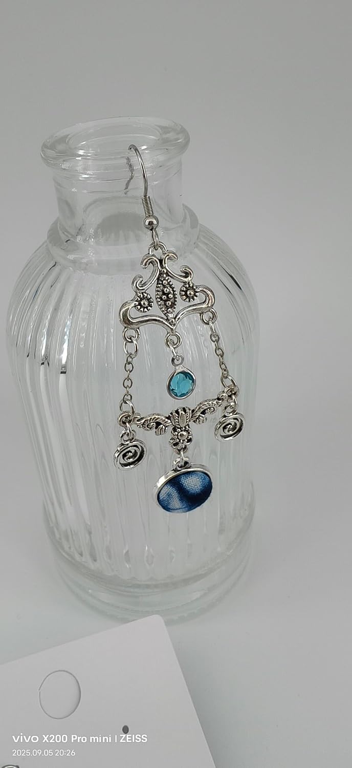 Vintage Palace Style Dangle Earrings, Antique Silver, Metal with Blue Tie-Dye Fabric Medallions, Spiral Charms, Handmade - Image 2