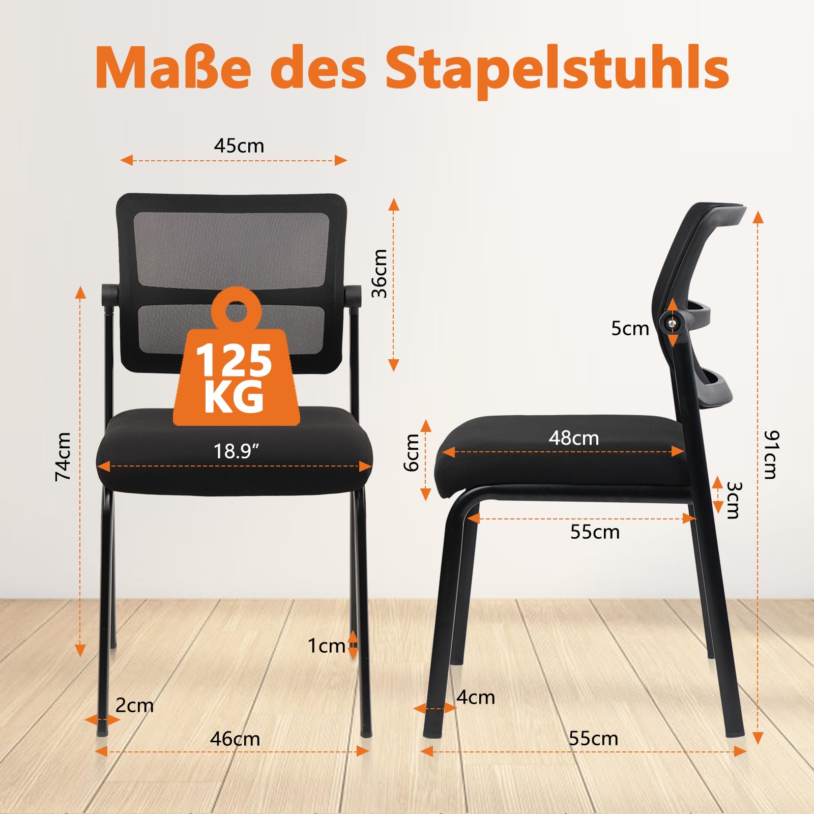 CLATINA Stapelbarer Besucherstuhl ohne Armlehnen mit Verstellbarer Mesh-Rückenlehne ergonomischer Lendenunterstützung für Konferenz Wartezimmer Lobby Schule Schwarz 1er Pack