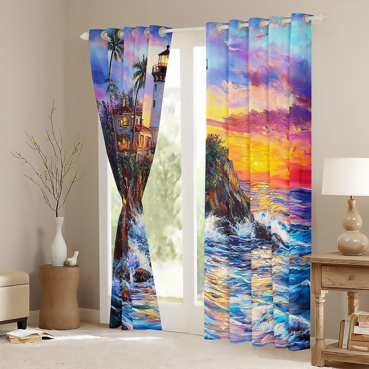 Lighthouse Curtains 42Wx84L,Navigation Theme Ocean Waves Windows Drapes Block 30%-50% Light,Seaside Cabin Tropical Palm Trees Sunset Sky Grommet Window Treatment,2 Panels