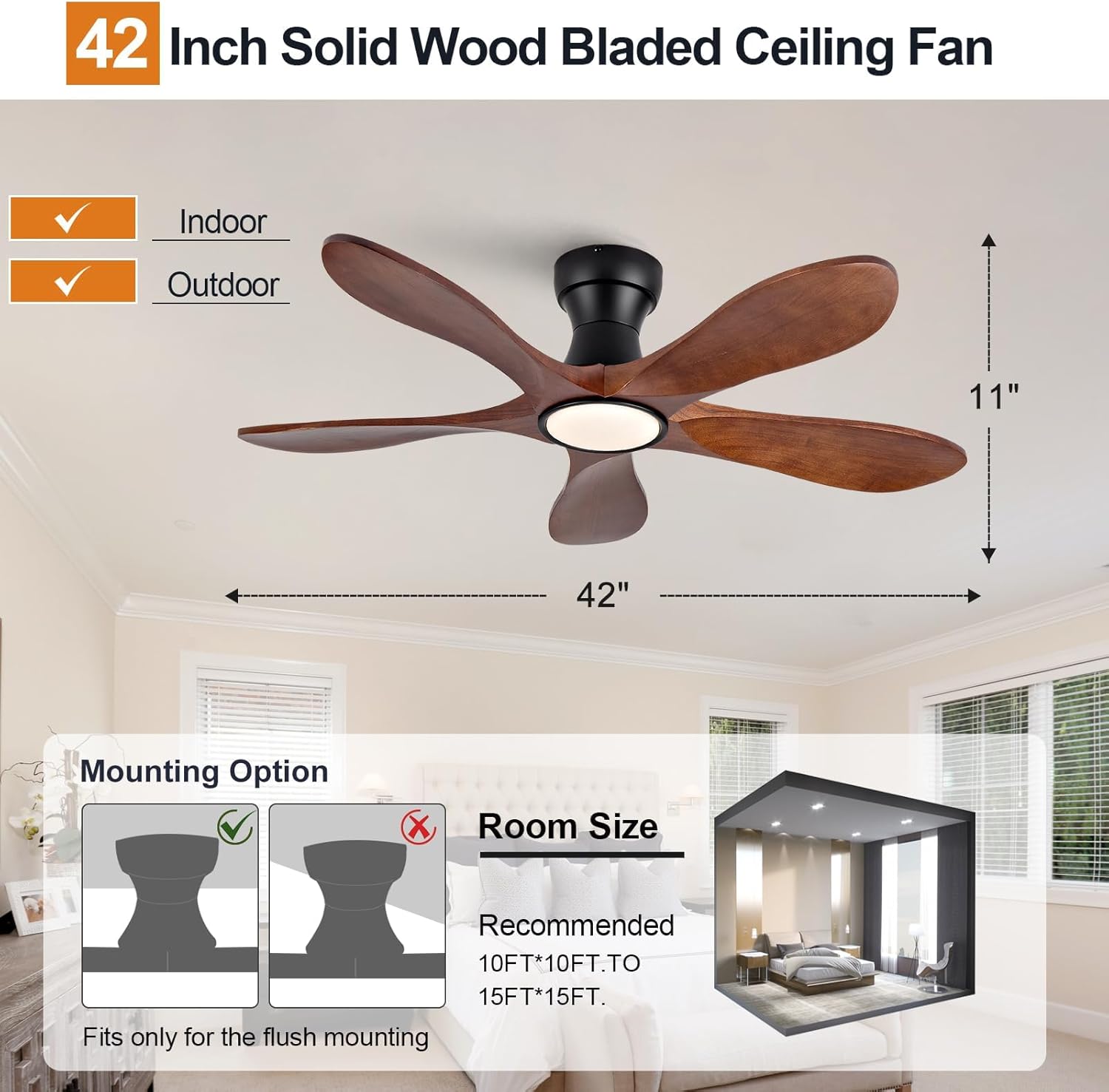42 Inch Wood Flush Mount Ceiling Fans with Lights and Remote, Dimmable 5 Blade Wood Bedroom Ceiling Fan Outdoor Ceiling Fans for Patios Low Profile Ceiling Fan with Light for Bedroom
