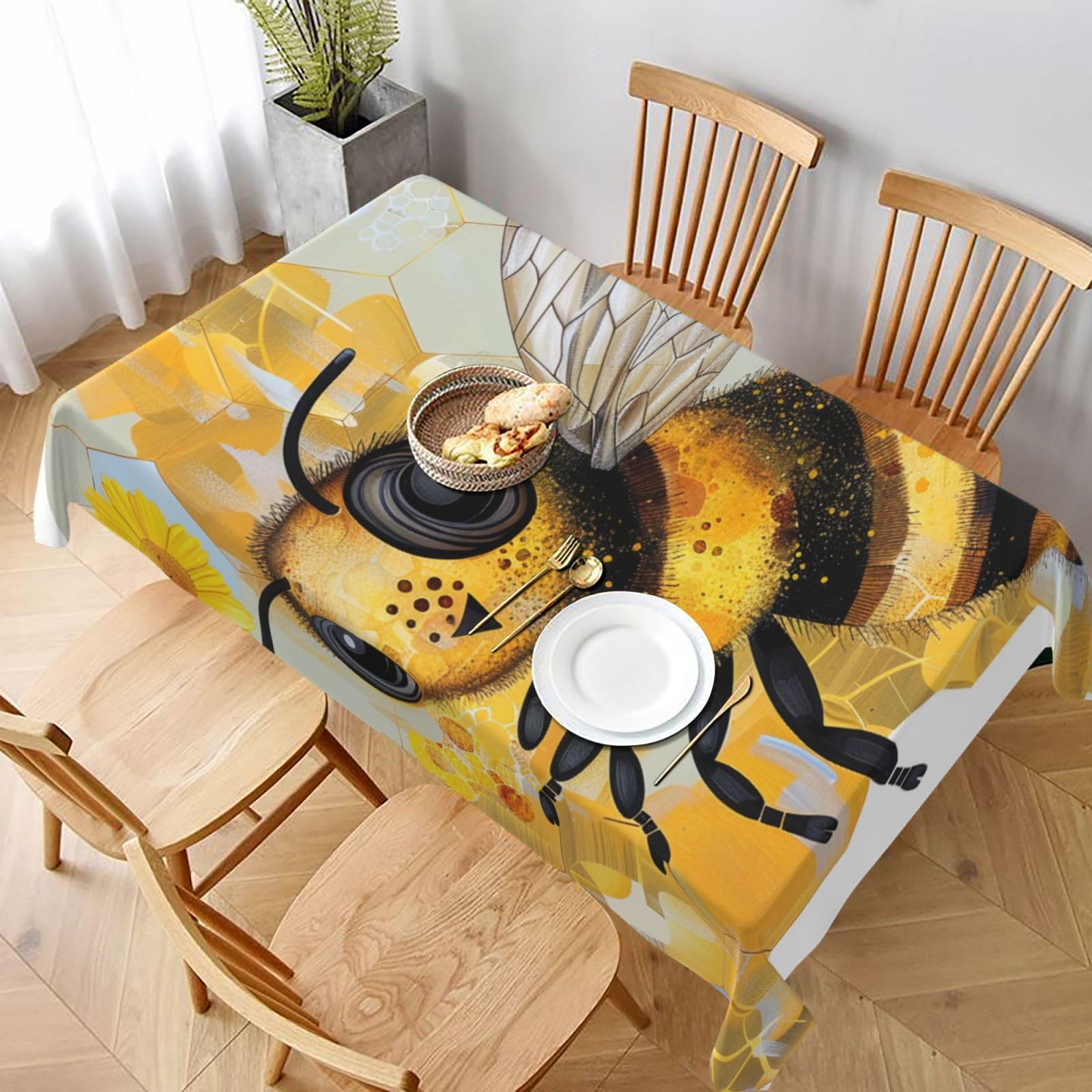 WPKJU Honey Bee Art Printed Tablecloth 60x90 in Water Resistant Table Cover Washable Rectangle Table Cloth for Dining Tables