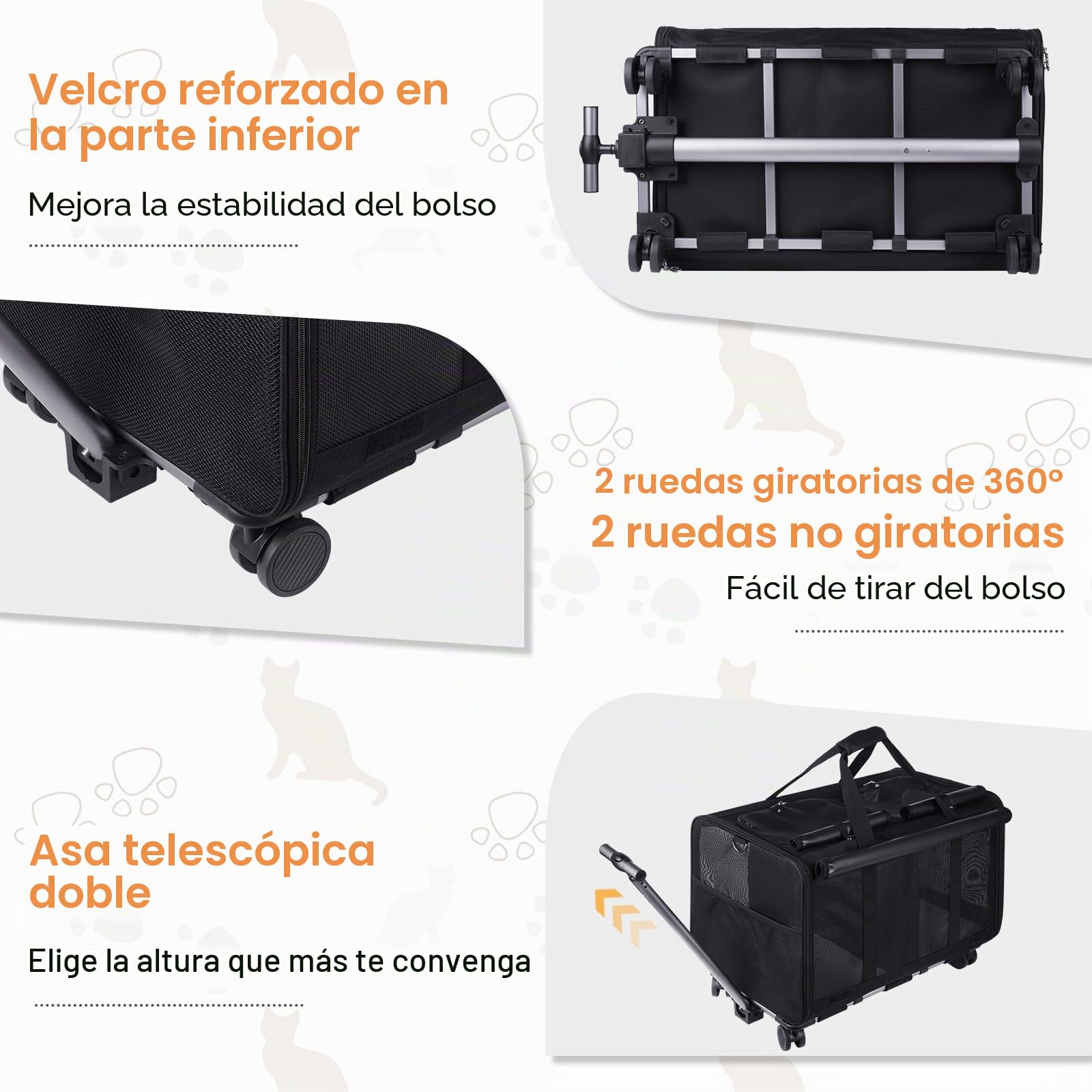 Portamascotas extragrande con dos compartimentos y ruedas desmontables para gato/perro, transportador plegable para 2 gatos, bolsa de viaje para paseo/camping (negro)