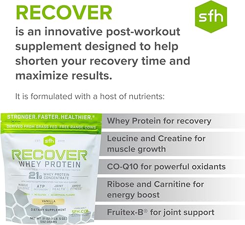 Miniatura 4 de SFH RECOVER - Proteína de suero en polvo (vainilla) de gran sabor alimentado con pasto para después del entrenamiento, totalmente natural, sin soja,