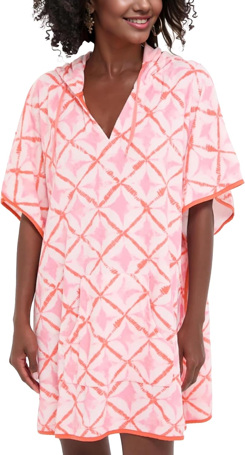 Women's Summer Terry Cloth Beach Swimsuit Cover Up Hooded V Neck Swimwear Dress Resort Wear with Pocket
