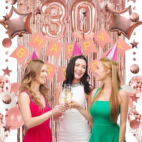 Miniatura 6 de Decoraciones de 30 cumpleaños para ella, pancarta de feliz cumpleaños con números de globos de 30 globos de feliz cumpleaños, decoración de pastel