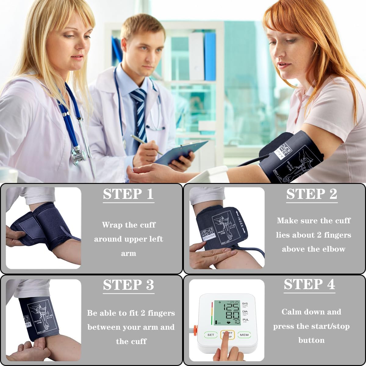 Four steps for applying a blood pressure cuff