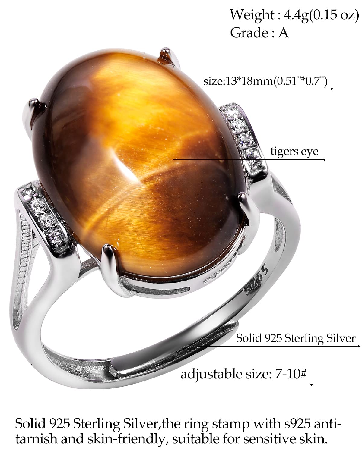 Anelli in argento Sterling 925 per donne e uomini genuini occhio di tigre anello ansia aperto regolabile gioielli unisex (7-10 #)