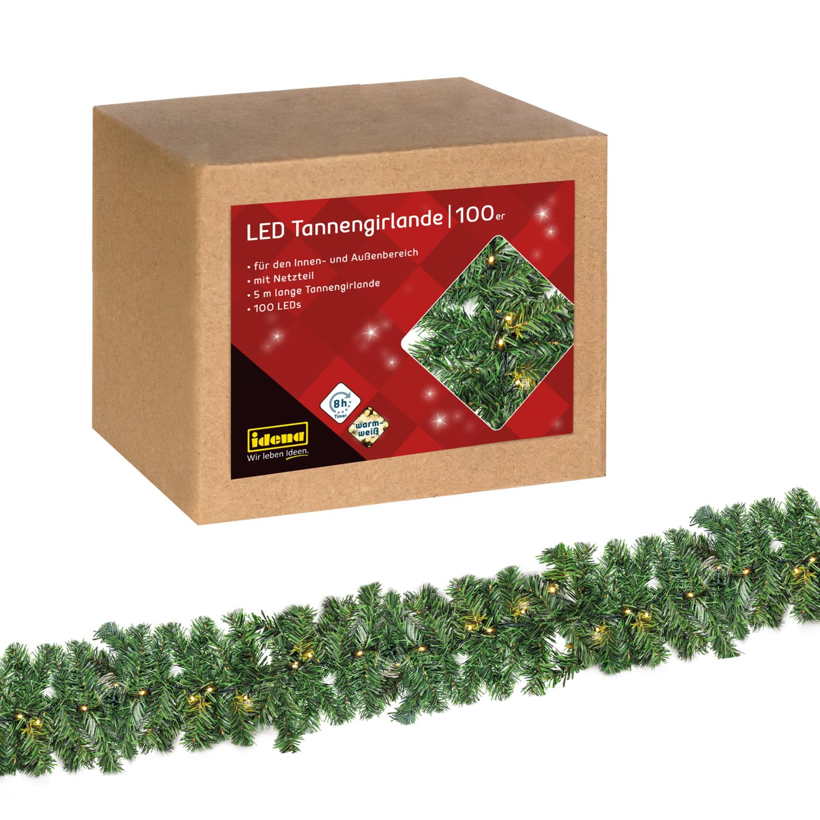 Idena 31870 - girlanda jodłowa LED ze 100 diodami LED w kolorze ciepłej bieli, z timera 8 godzin i transformatorem, długość ok. 5 m, do wewnątrz i na zewnątrz, dekoracja na Adwent i Boże Narodzenie