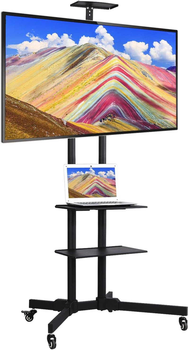 Yaheetech Mobile TV Cart, Height Adjustable Rolling TV Stand for 32in to 65in LCD LED Plasma Flat Panel Screen TVs, Floor Stand up to 110 lbs w/ 2 Storage Shelves & Lockable Wheels, Max VESA 600x400mm : Office Products