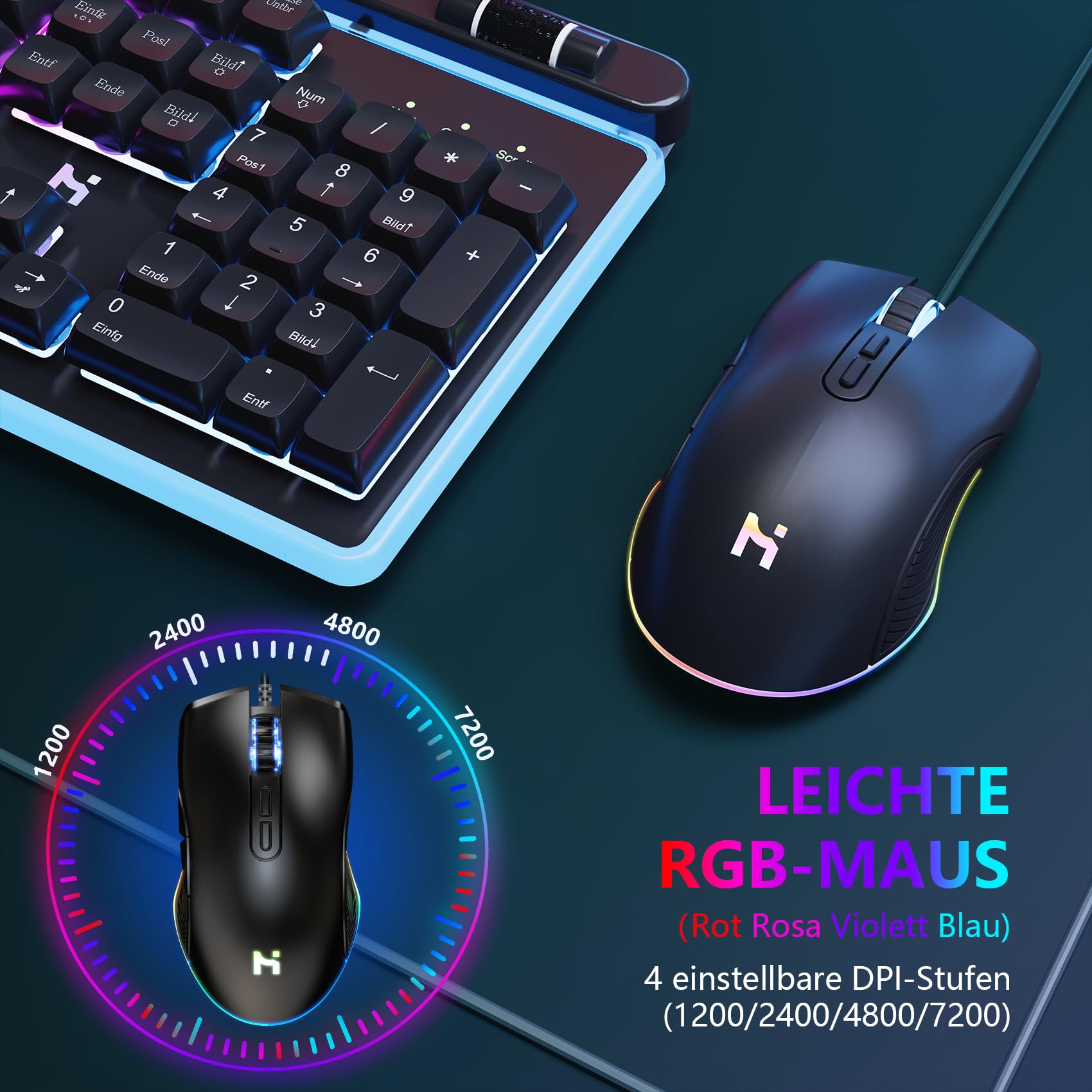 HLONONE Gaming Tastatur und Maus Set, Regenbogen LED Hintergrundbeleuchtung, USB Verkabelt, Ergonomische Tastatur für PC Gamer und Büro, QWERTZ DE Layout -Schwarz